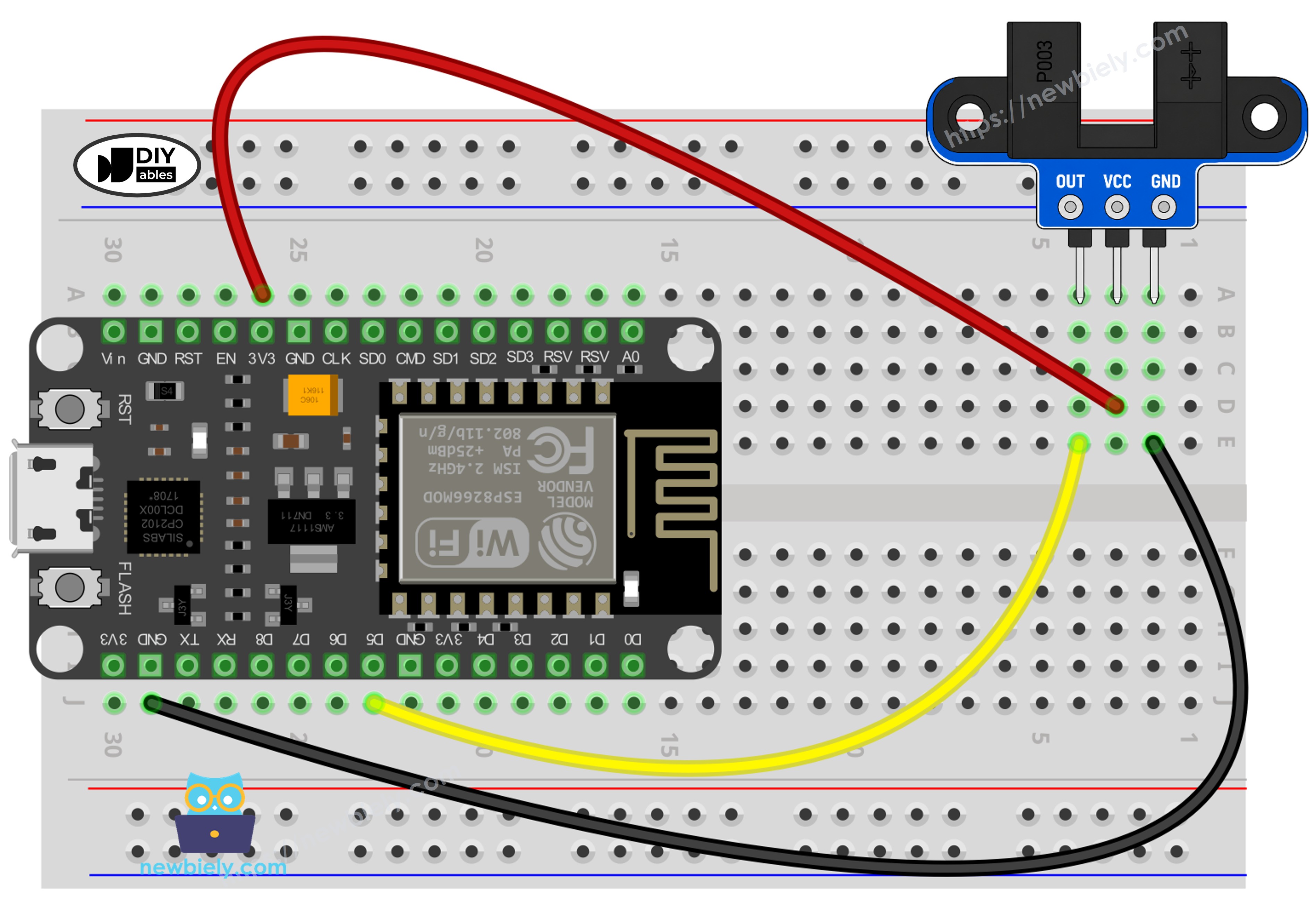Diagrama de cableado del ESP8266 NodeMCU NodeMCU con sensor de velocidad óptico ranurado IR