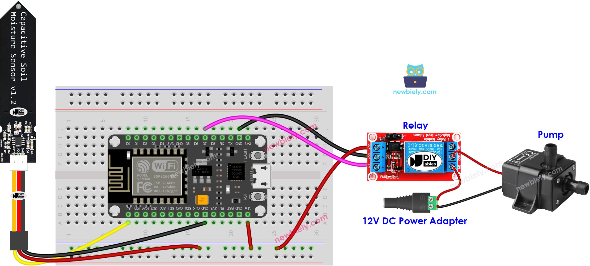 Sensor de humedad del suelo ESP8266 NodeMCU Diagrama de cableado de la bomba