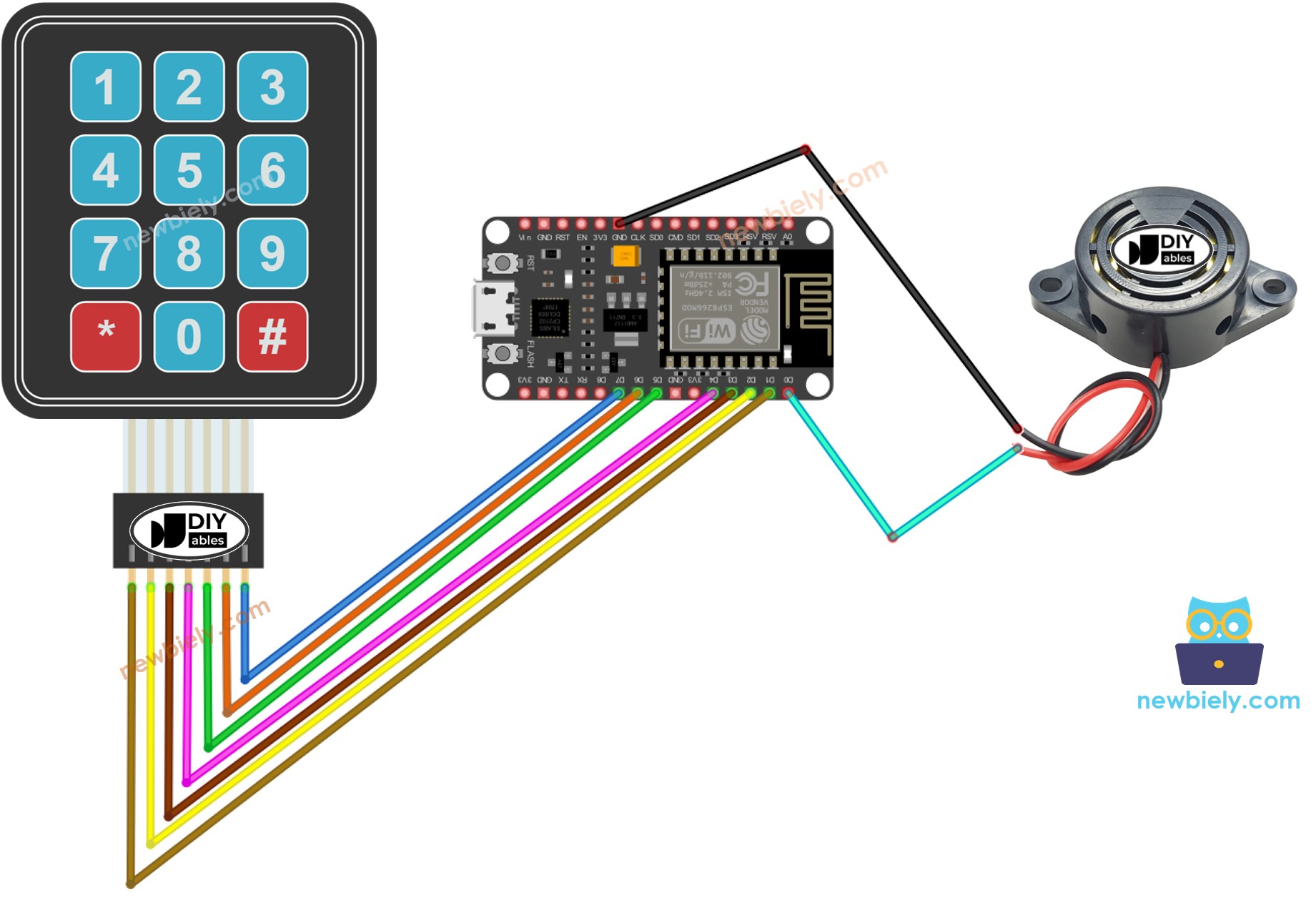 Diagrama de cableado del teclado ESP8266 NodeMCU y del zumbador piezoeléctrico