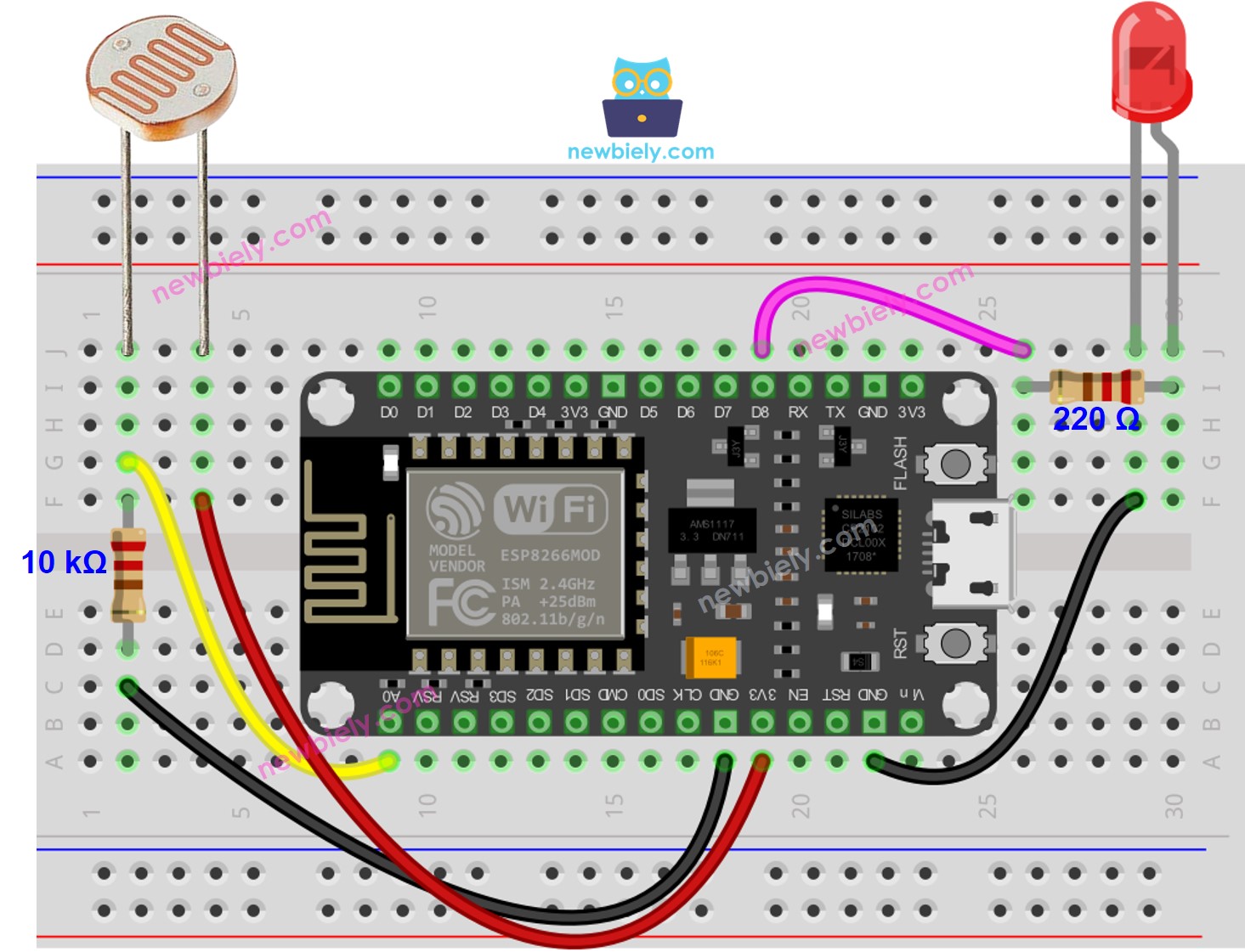 Diagrama de cableado LED para sensor de luz ESP8266 NodeMCU