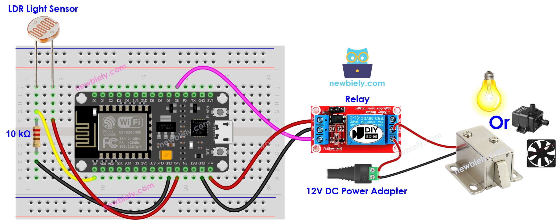 Diagrama de cableado de ESP8266 NodeMCU con sensor de luz, relé y bombilla