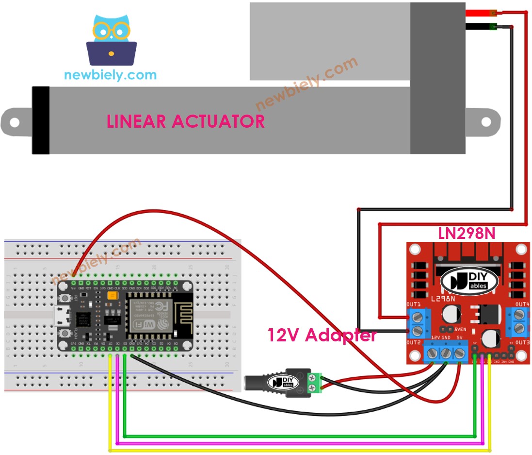 Diagrama de cableado del actuador lineal ESP8266 NodeMCU y del controlador L298N