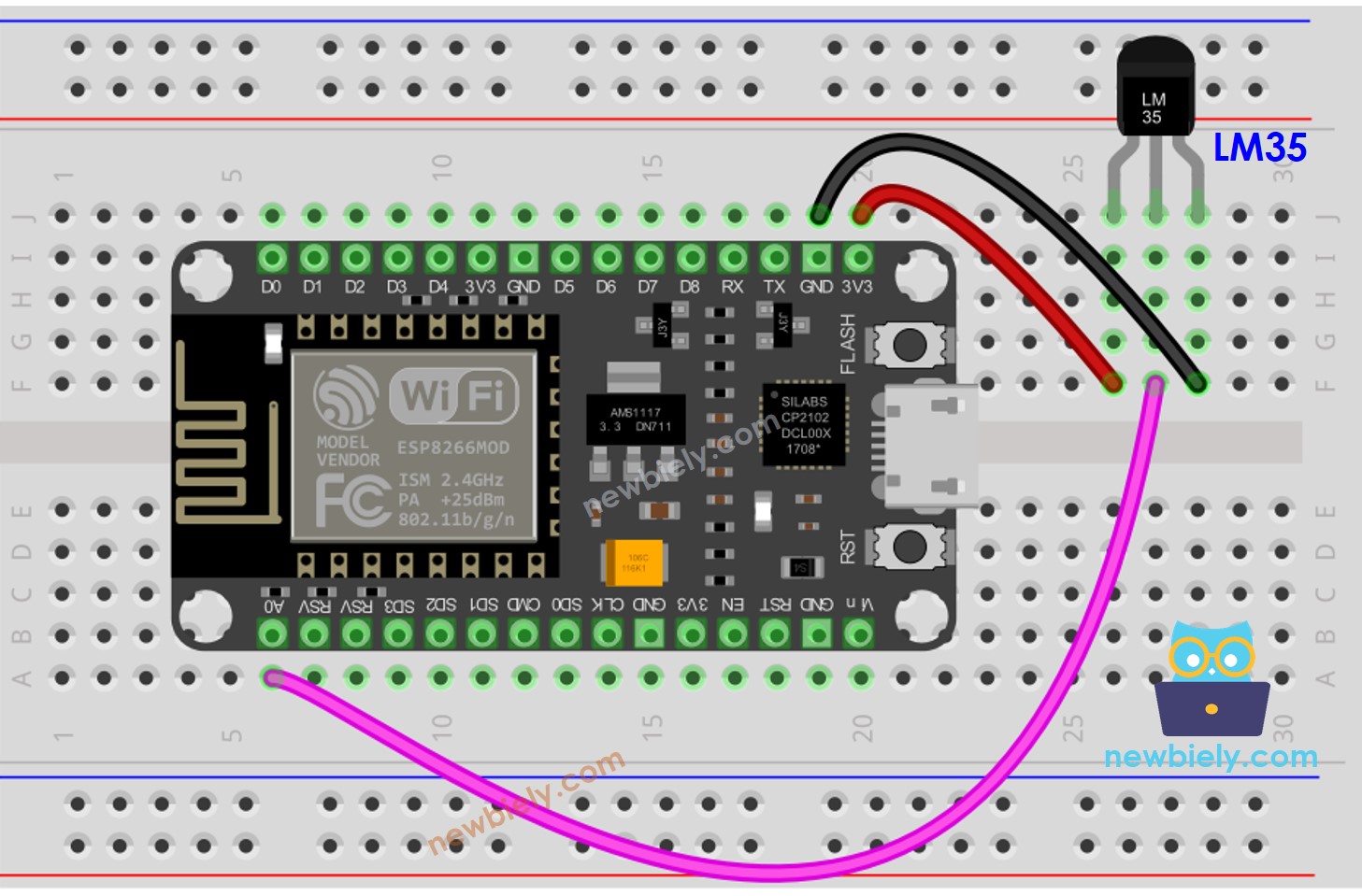 Diagrama de cableado del sensor de temperatura LM35 para ESP8266 NodeMCU