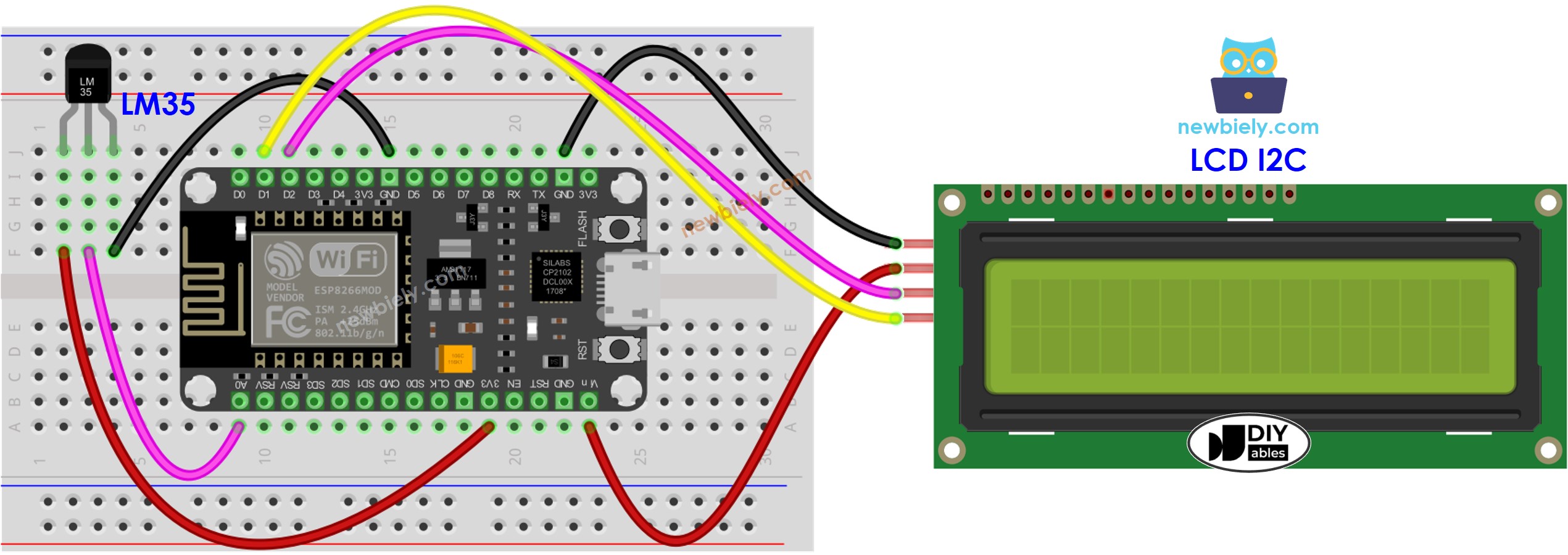 Diagrama de cableado LCD para ESP8266 NodeMCU con sensor de temperatura LM35