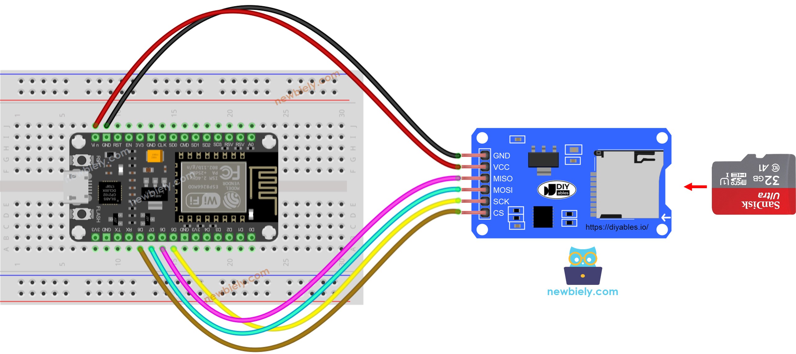 Diagrama de cableado del módulo ESP8266 NodeMCU para tarjeta microSD
