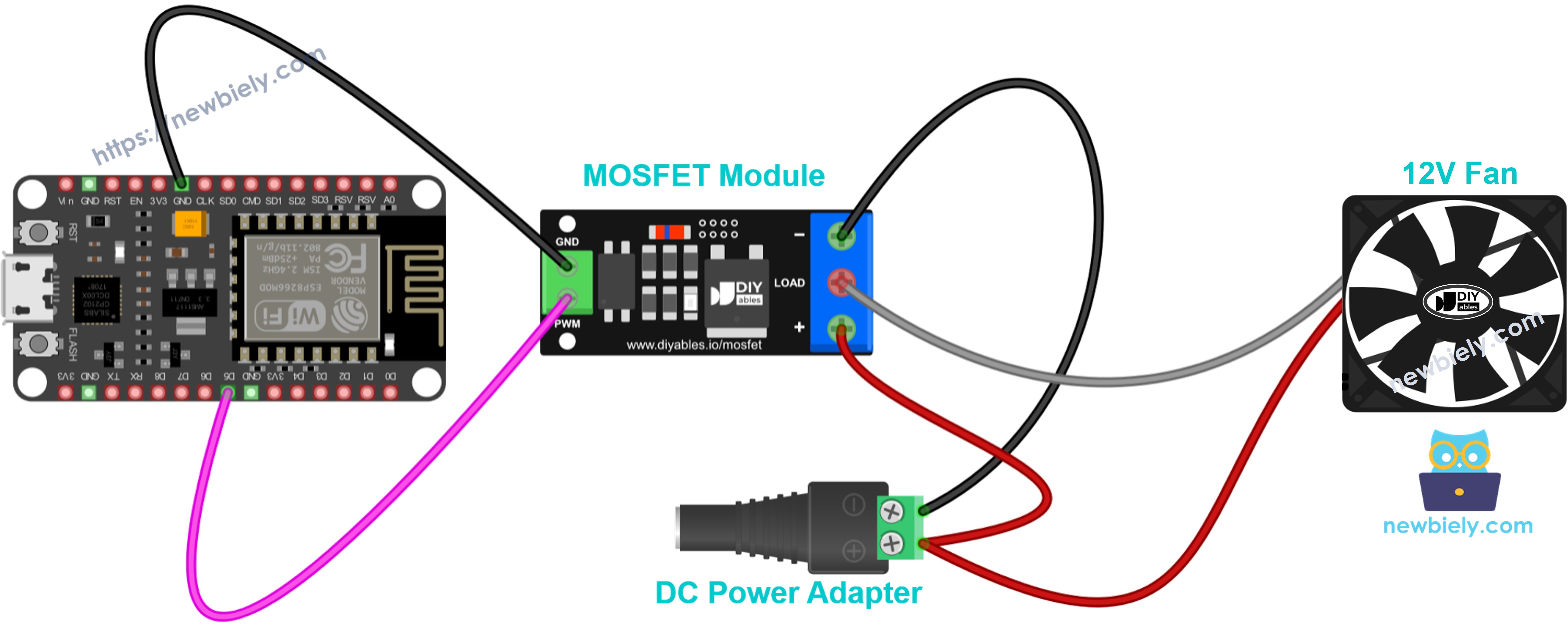 Diagrama de cableado del módulo MOSFET con ventilador de refrigeración de 12V