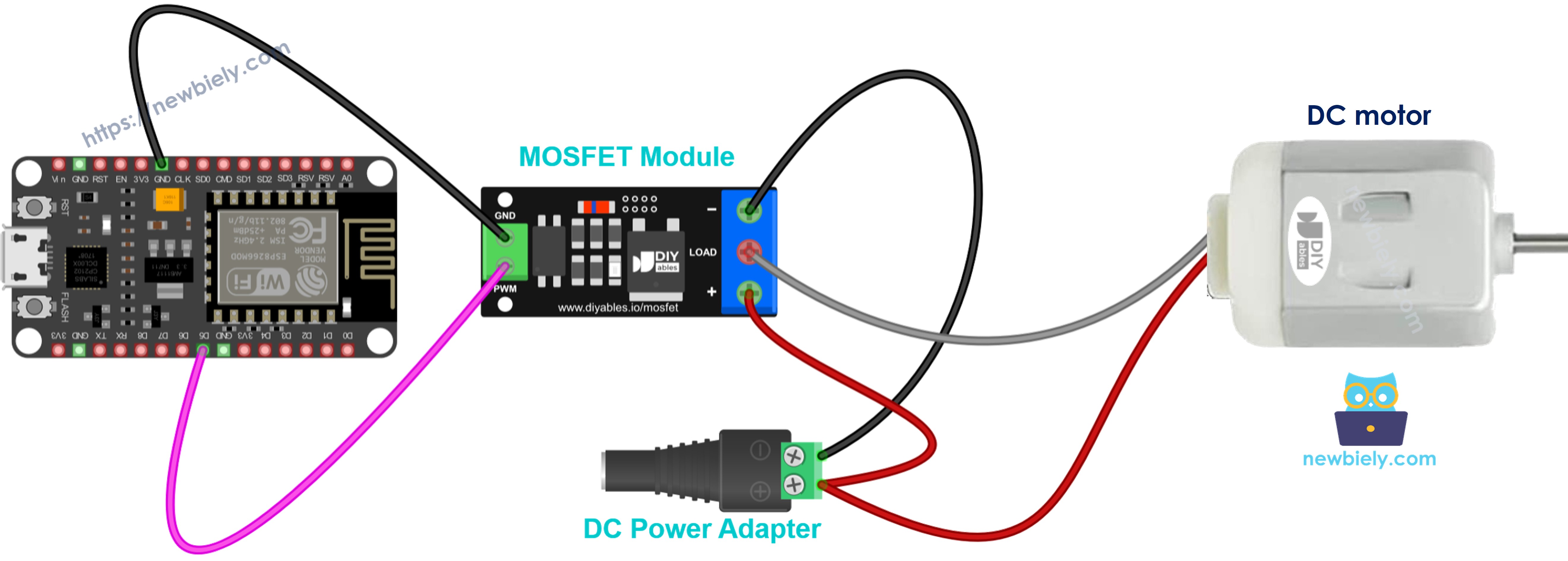 Diagrama de cableado del módulo MOSFET con un motor de CC de 12V