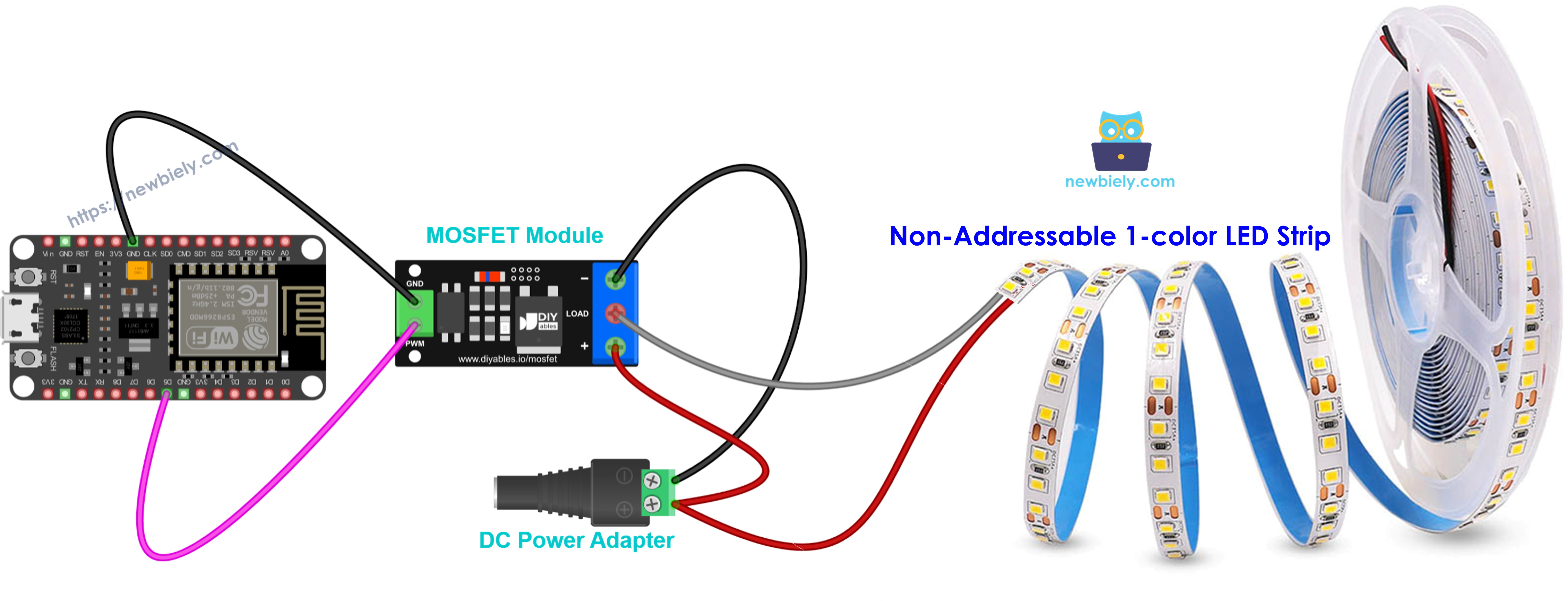 Diagrama de cableado del módulo MOSFET para una tira LED de 12V de un solo color