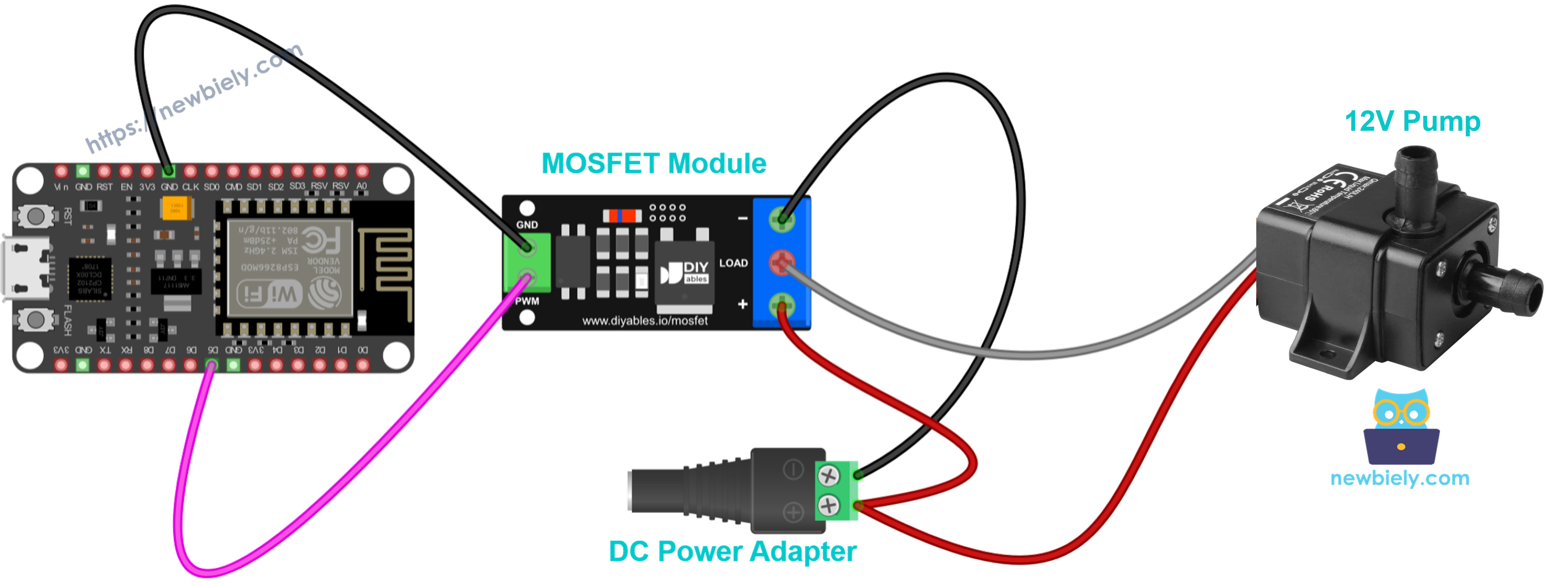 Diagrama de cableado del módulo MOSFET con bomba de agua de 12V