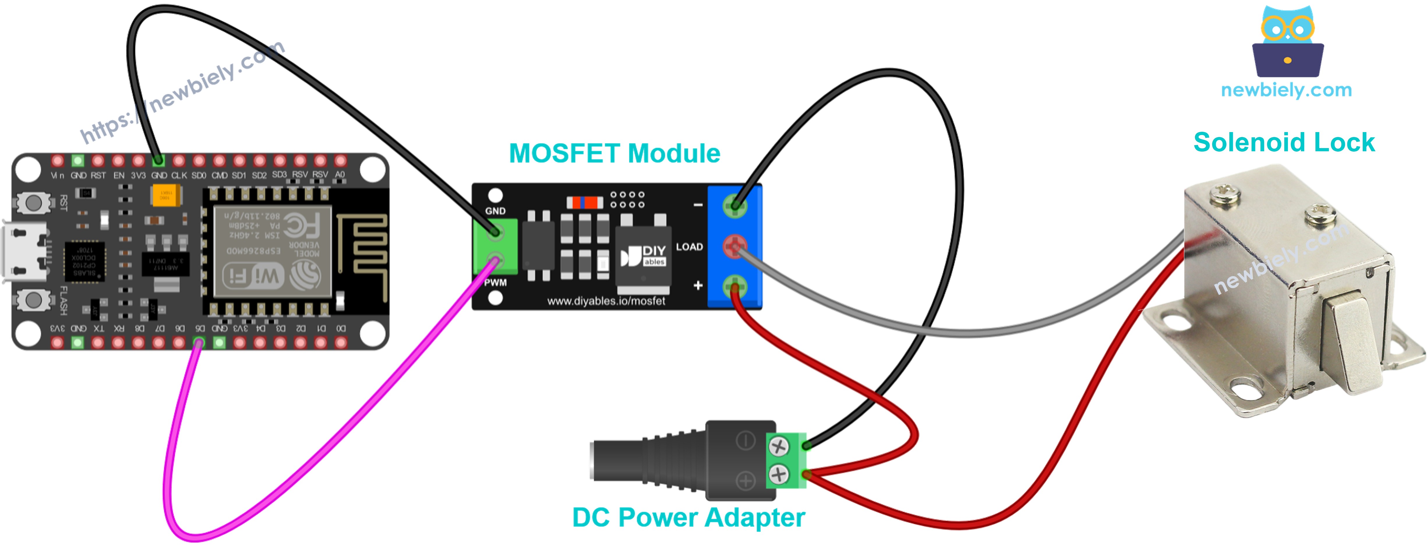 Diagrama de cableado del módulo MOSFET con cerradura con solenoide de 12V