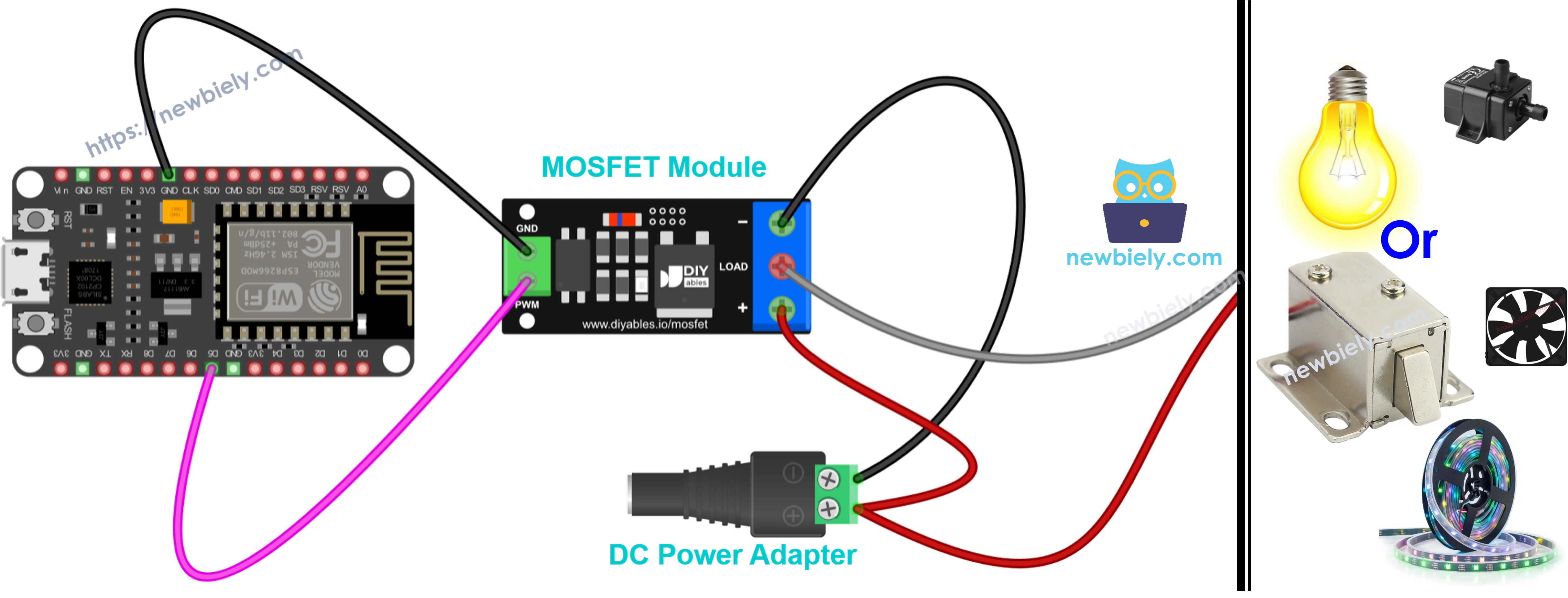 Diagrama de cableado del ESP8266 NodeMCU NodeMCU con módulo MOSFET AOD4184, LR7843 o FR120N
