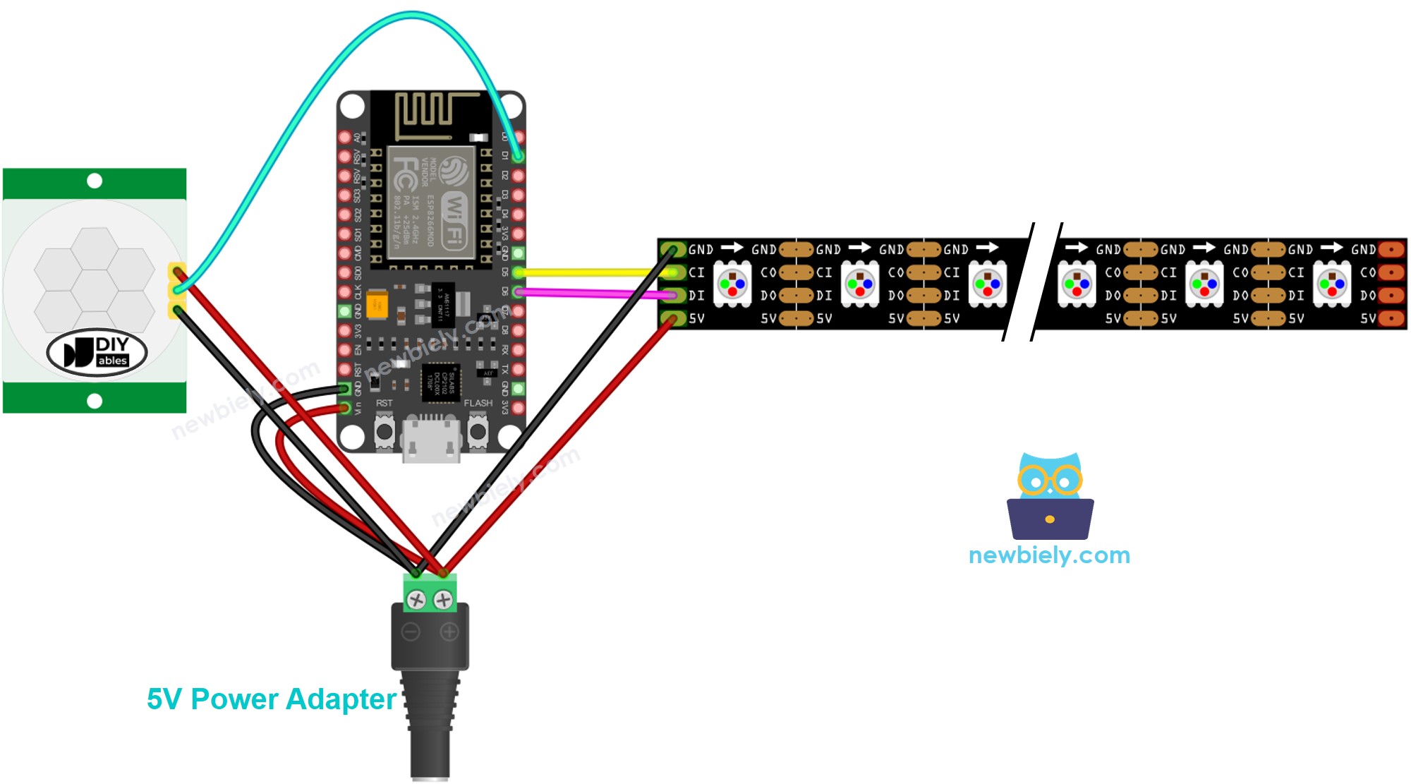 Diagrama de cableado del sensor de movimiento ESP8266 NodeMCU para tira de LED