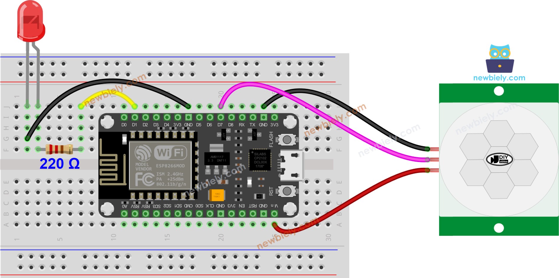 Diagrama de cableado del LED del sensor de movimiento ESP8266 NodeMCU