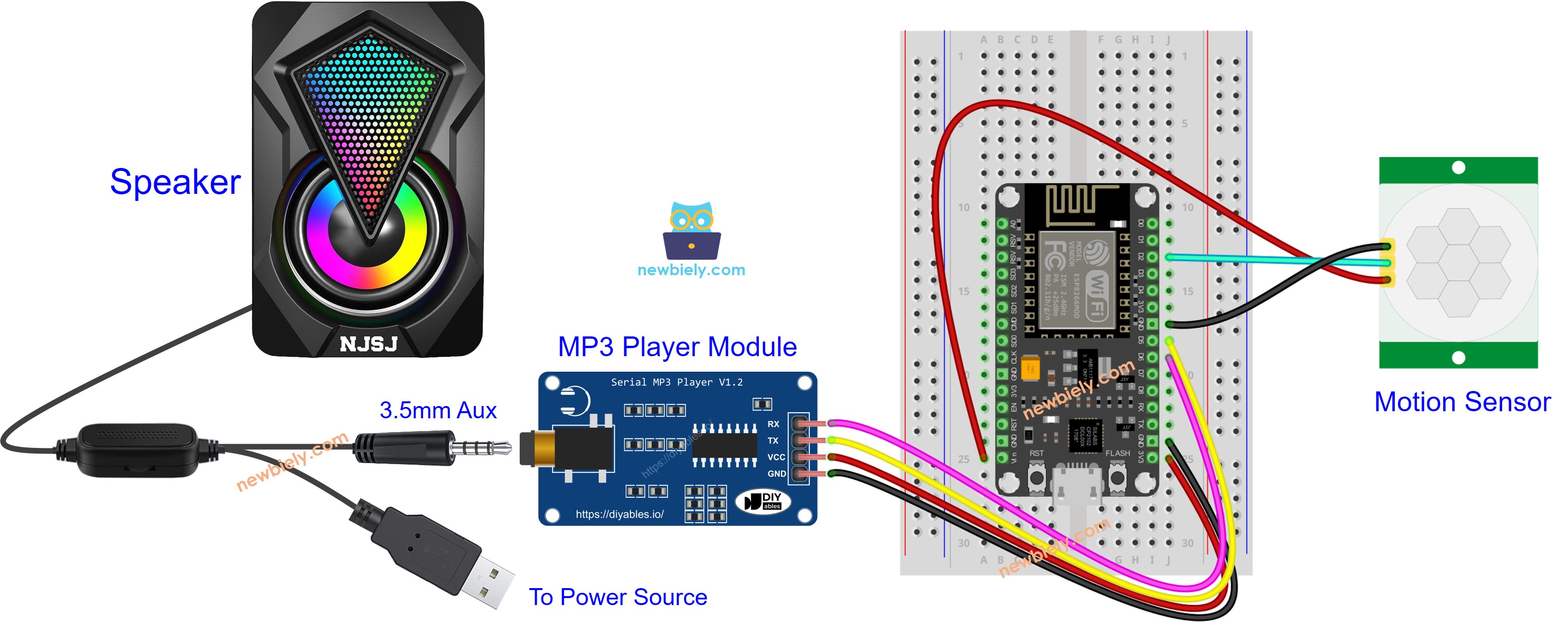 Diagrama de cableado del ESP8266 NodeMCU, sensor de movimiento y reproductor de MP3
