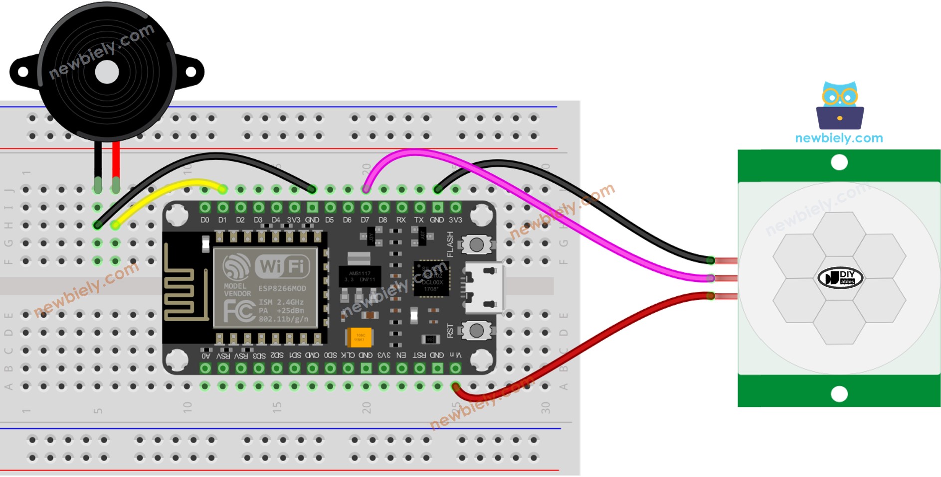 Diagrama de cableado del ESP8266 NodeMCU, sensor de movimiento y zumbador piezoeléctrico
