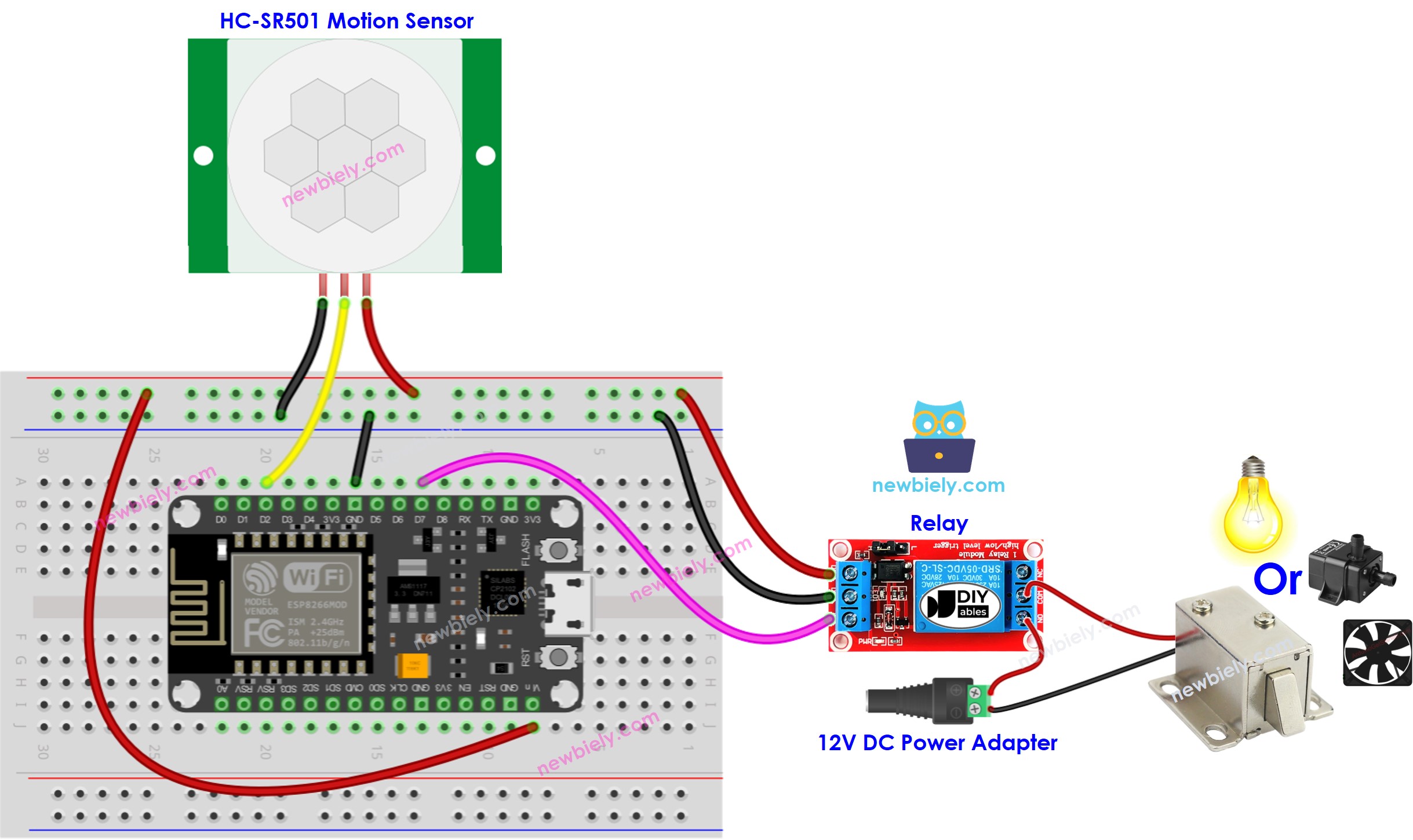 Diagrama de cableado del sensor de movimiento ESP8266 NodeMCU y su relé