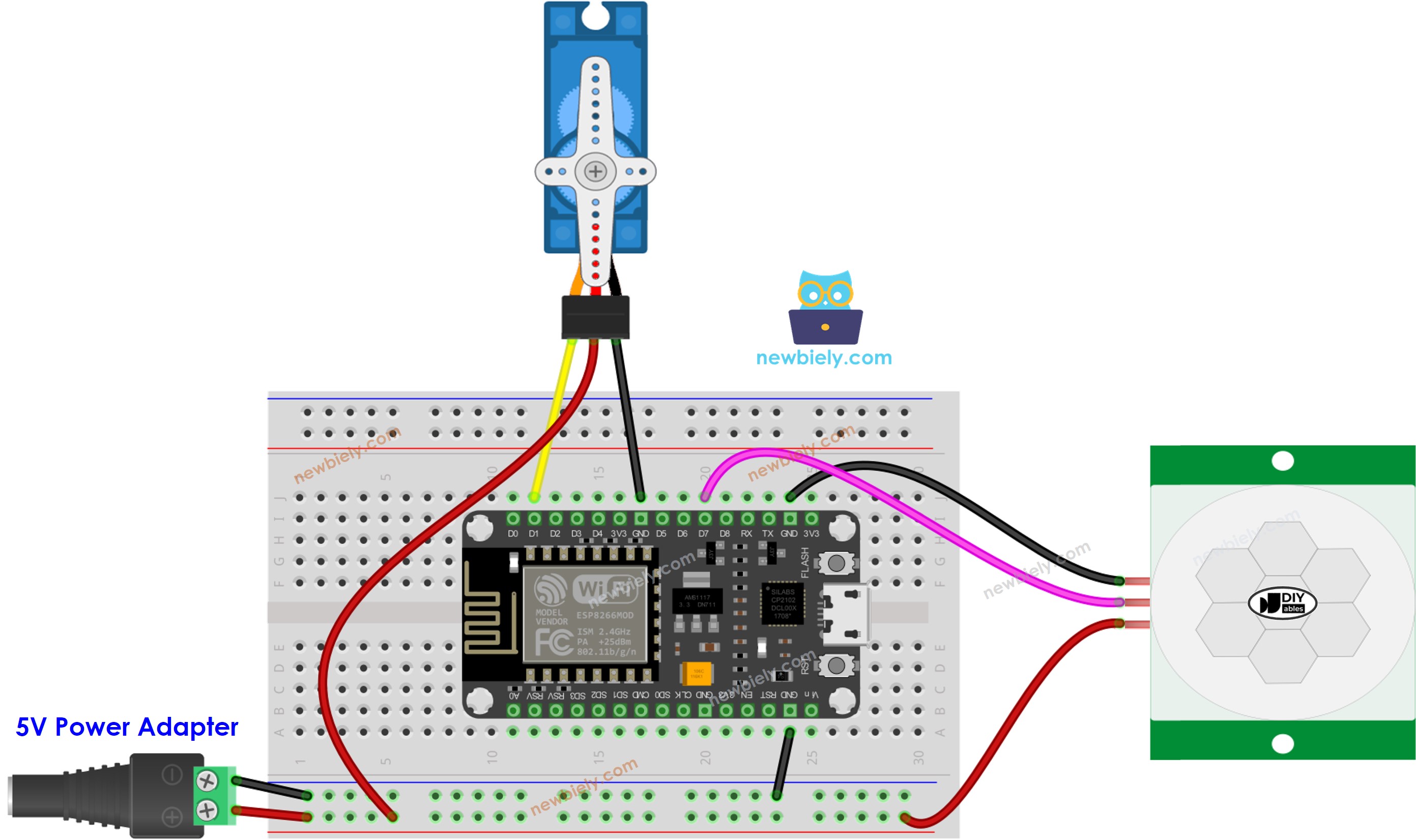 Diagrama de cableado para ESP8266 NodeMCU, sensor de movimiento y servomotor con alimentación adicional.