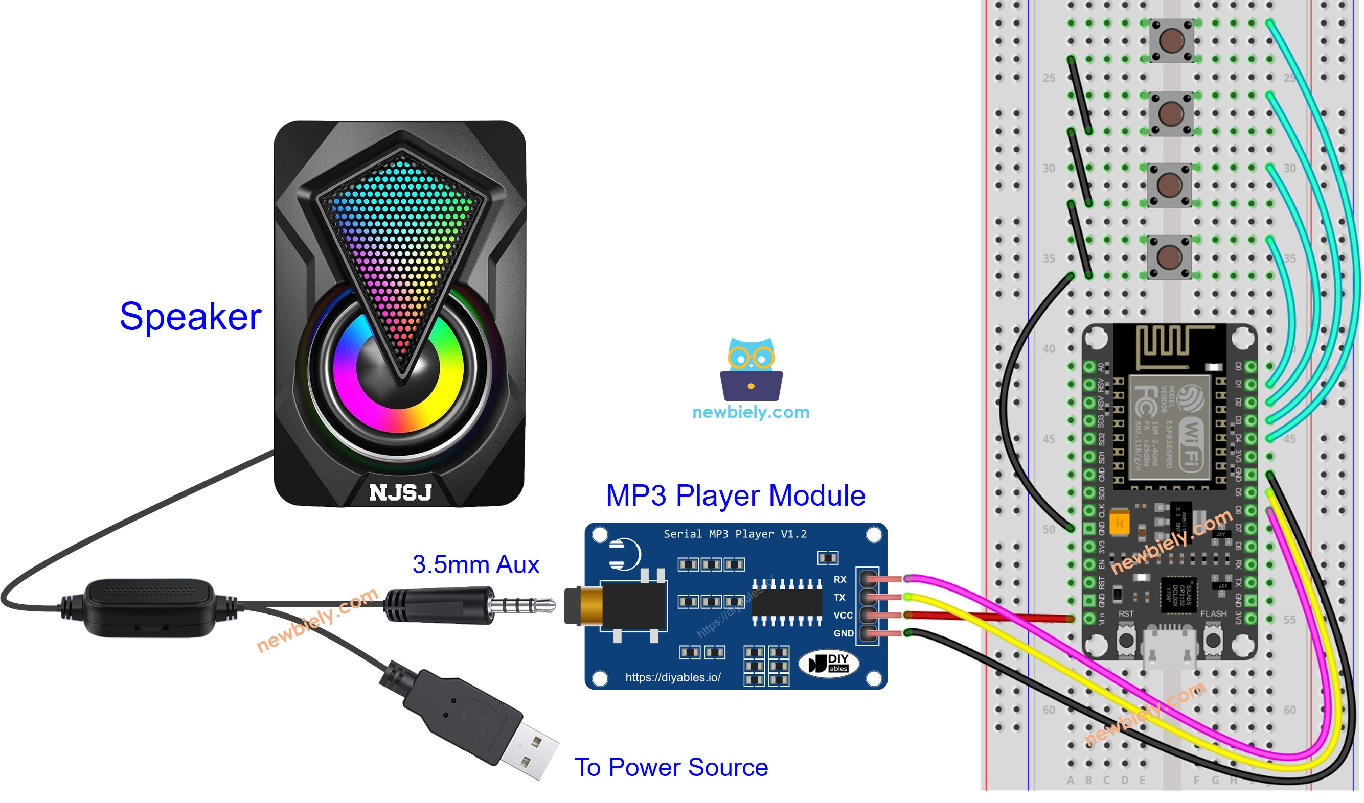 Diagrama de cableado del ESP8266 NodeMCU para reproductor MP3 y altavoz