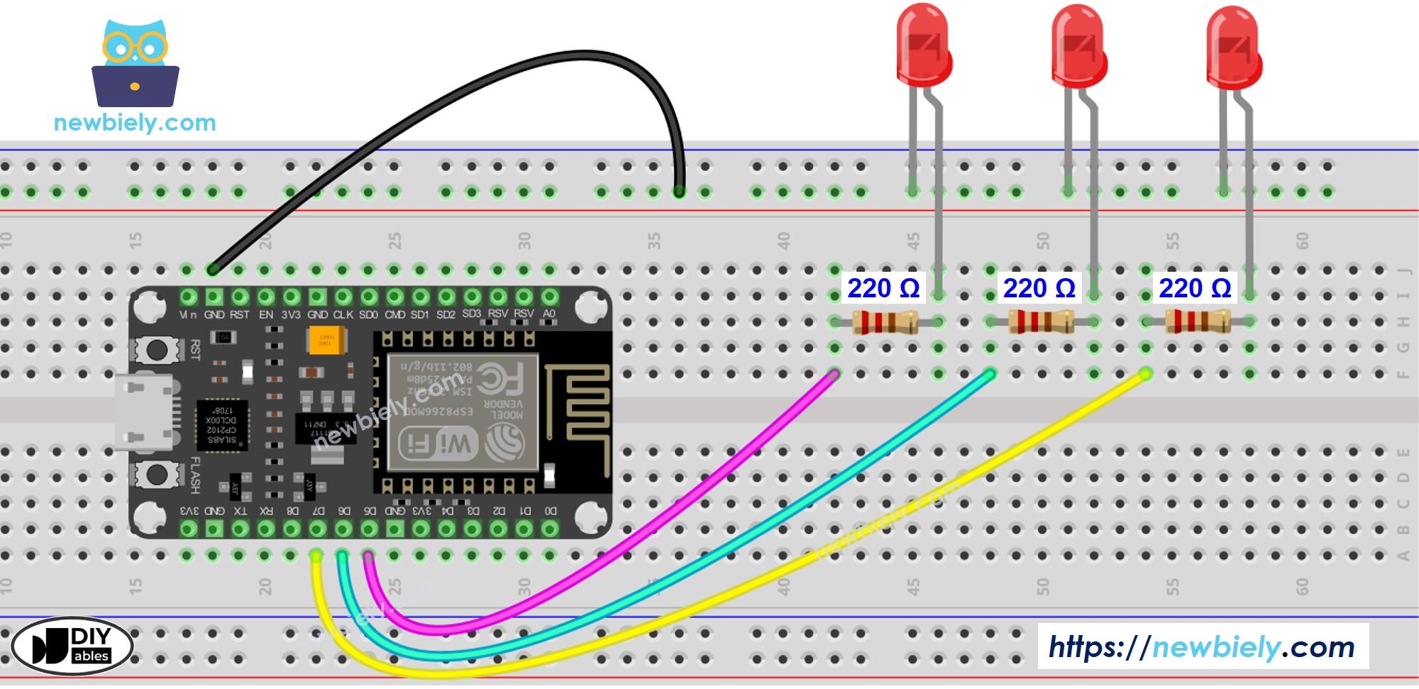 Diagrama de cableado de múltiples LEDs para ESP8266 NodeMCU