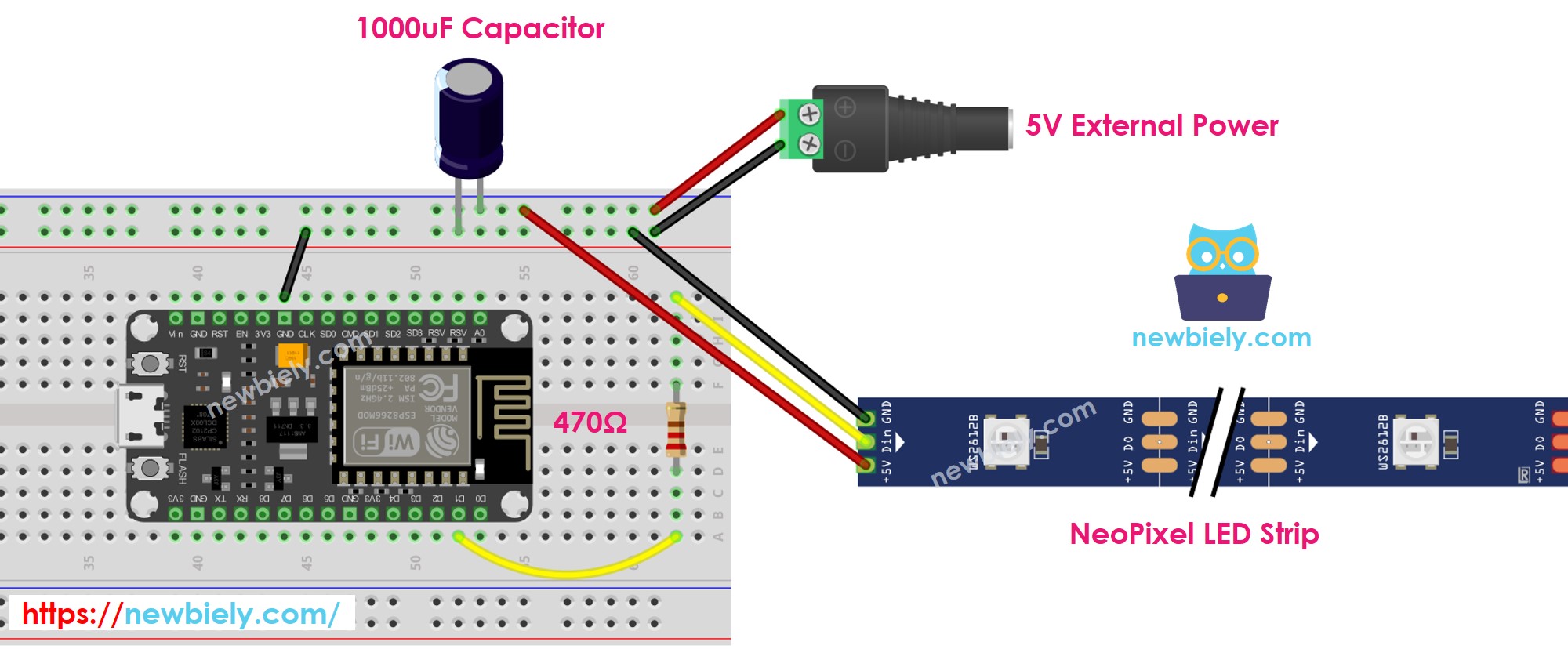 Diagrama de cableado de la tira de LEDs RGB NeoPixel para ESP8266 NodeMCU