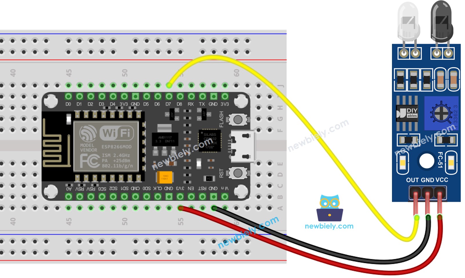 Diagrama de cableado del sensor de evitación de obstáculos por infrarrojos para ESP8266 NodeMCU