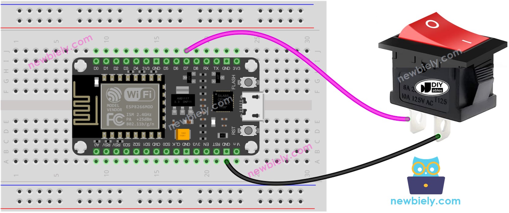 Diagrama de cableado del interruptor ON/OFF para ESP8266 NodeMCU