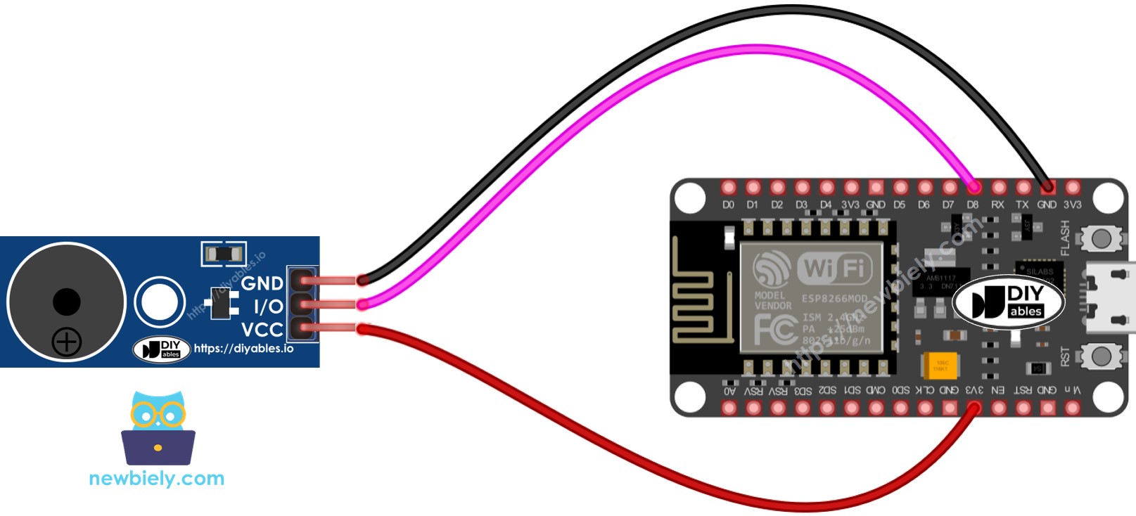 Diagrama de cableado del módulo zumbador piezoeléctrico ESP8266 NodeMCU