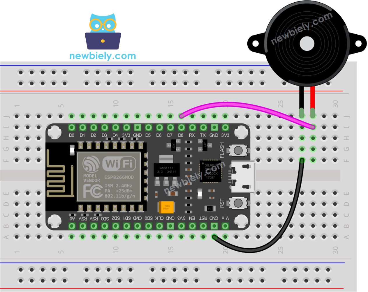 Diagrama de cableado del ESP8266 NodeMCU y del zumbador piezoeléctrico