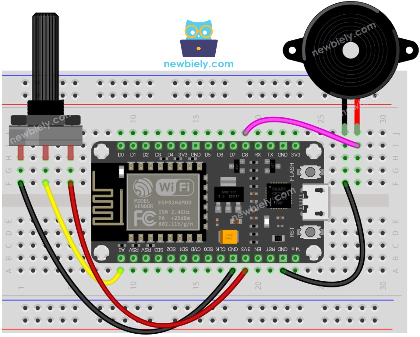 Diagrama de cableado del ESP8266 NodeMCU, potenciómetro y zumbador piezoeléctrico
