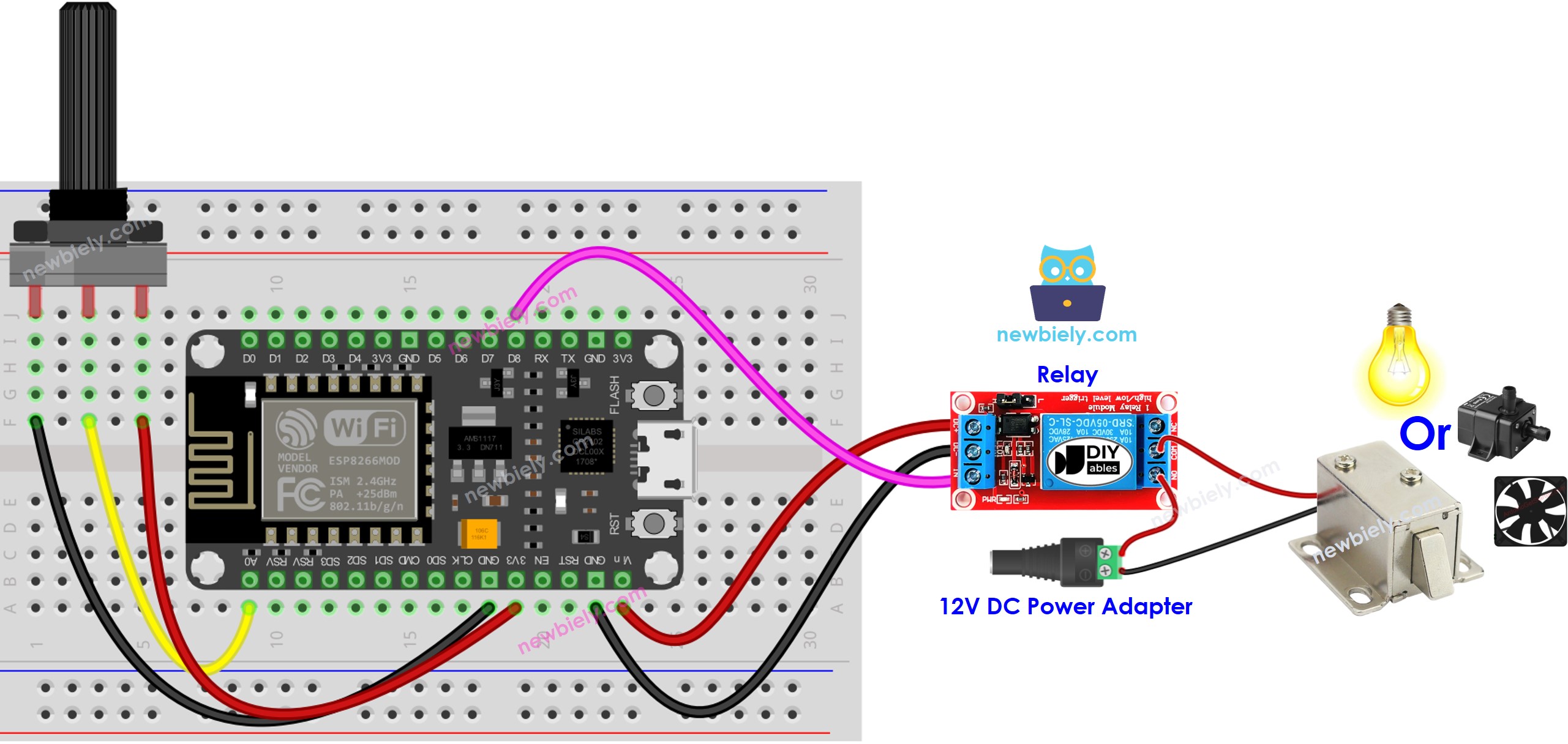 Diagrama de cableado del ESP8266 NodeMCU, potenciómetro y relé