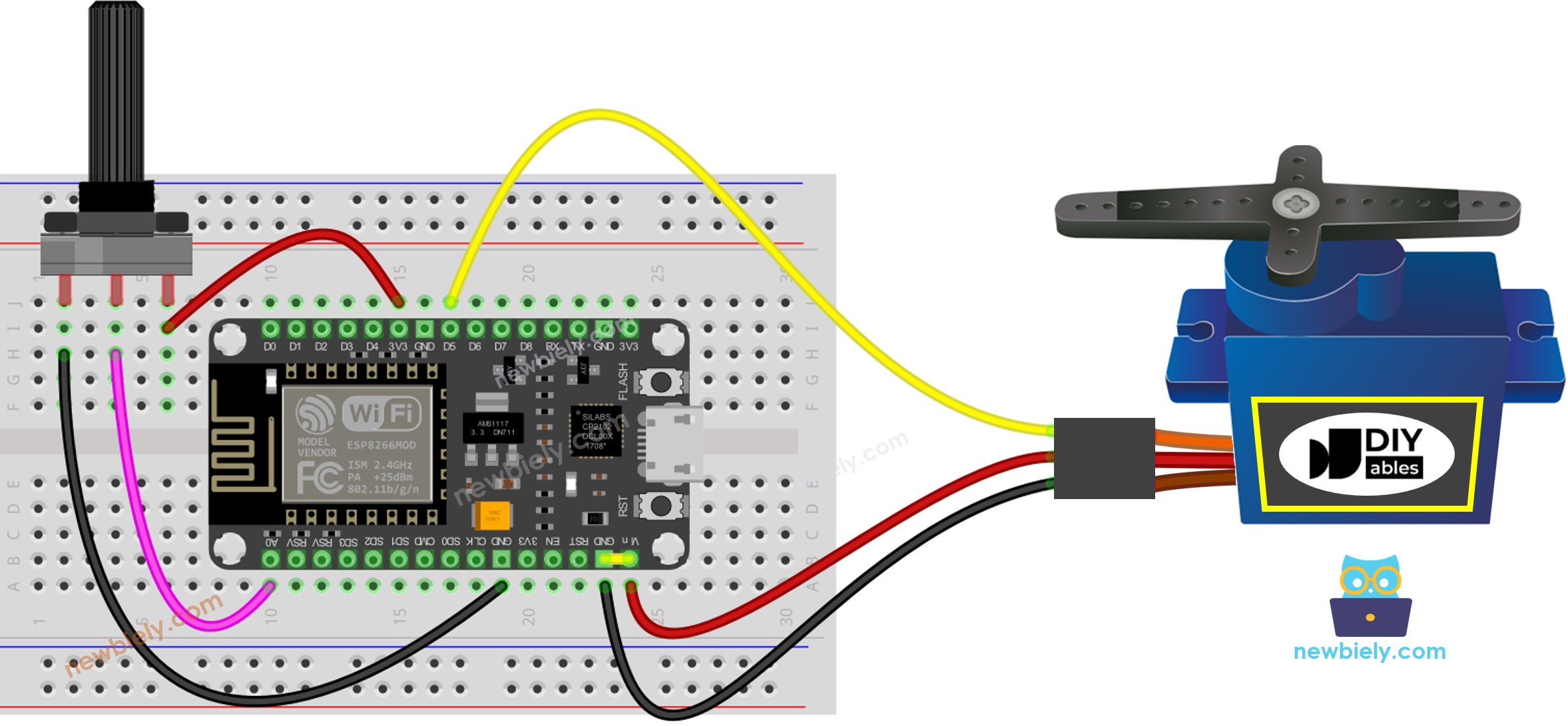 Diagrama de cableado del ESP8266 NodeMCU, servomotor y potenciómetro