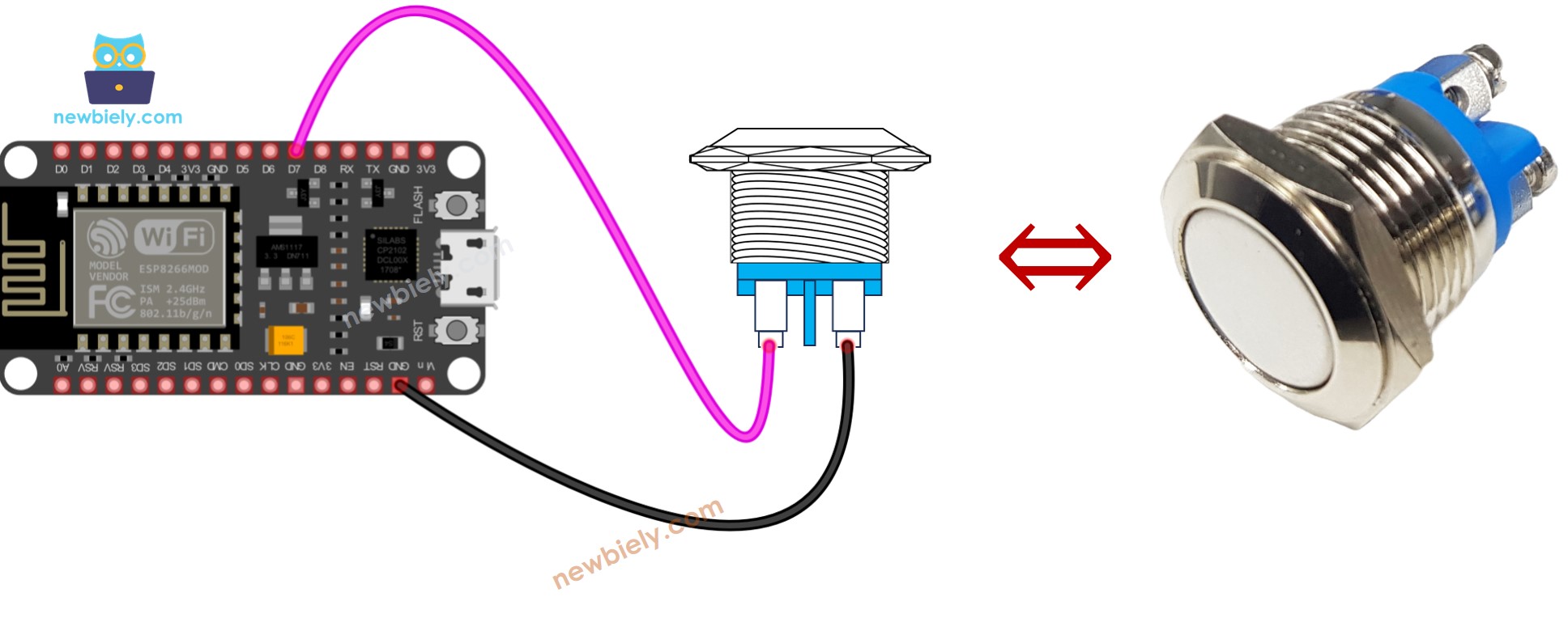 Diagrama de cableado de un pulsador de dos pines para ESP8266 NodeMCU