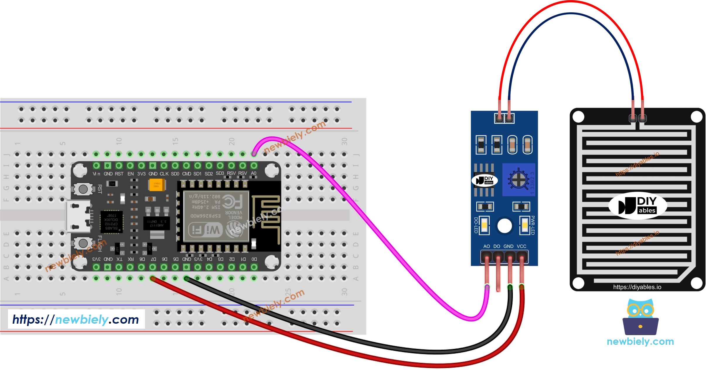Diagrama de cableado para la detección de lluvia ESP8266 NodeMCU