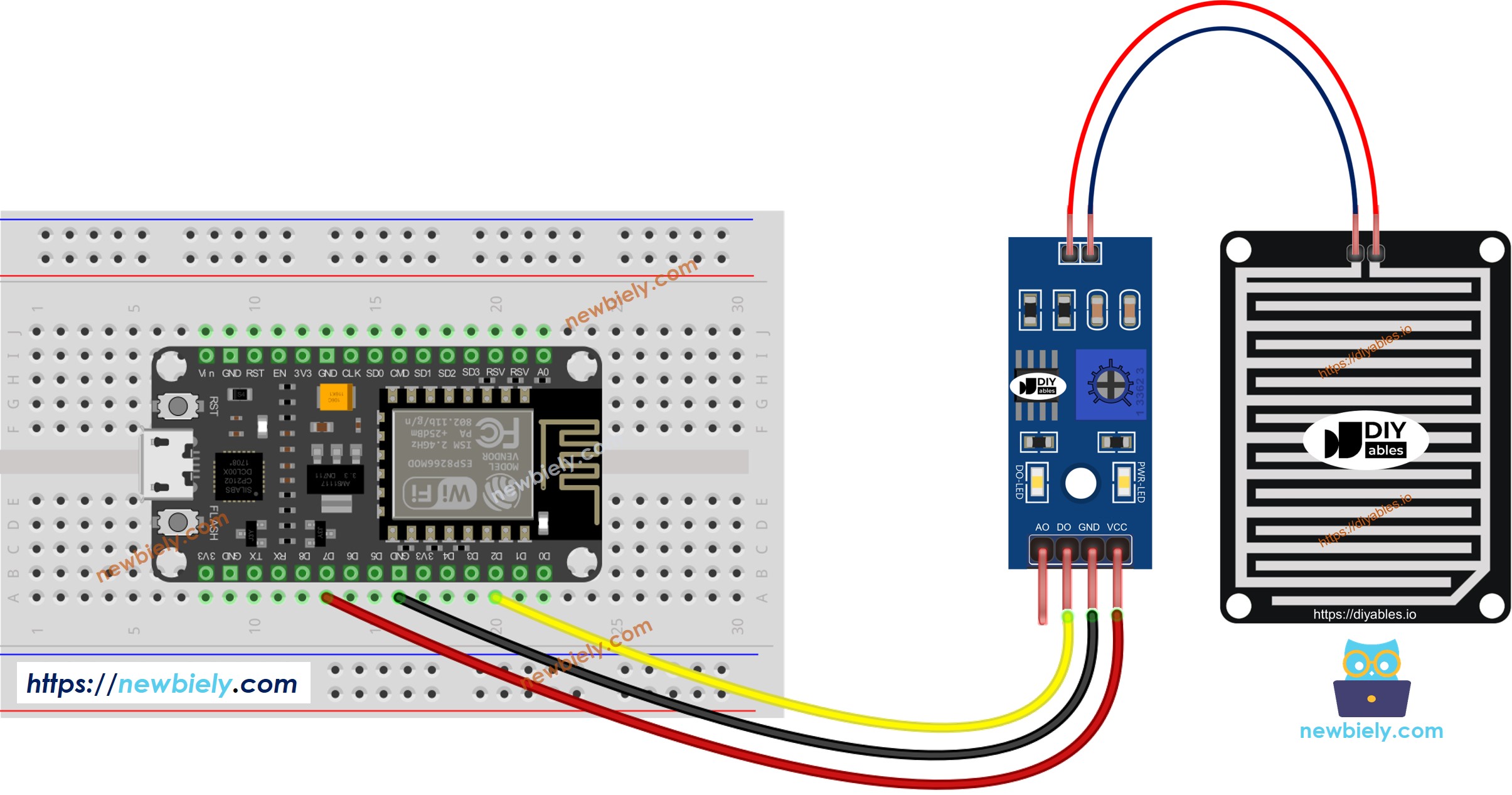 Diagrama de cableado del sensor de lluvia para ESP8266 NodeMCU