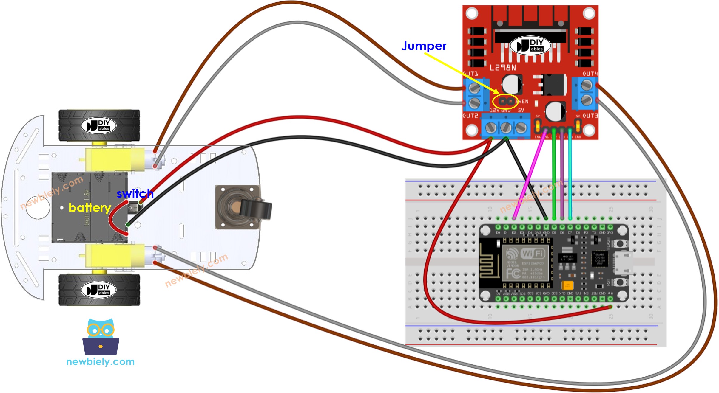 Diagrama de cableado para coche RC 2WD con ESP8266 NodeMCU