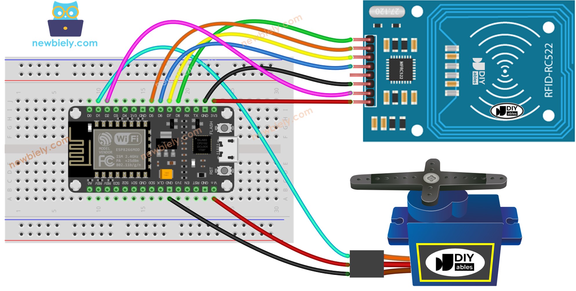 Diagrama de cableado del servomotor para ESP8266 NodeMCU RFID RC522
