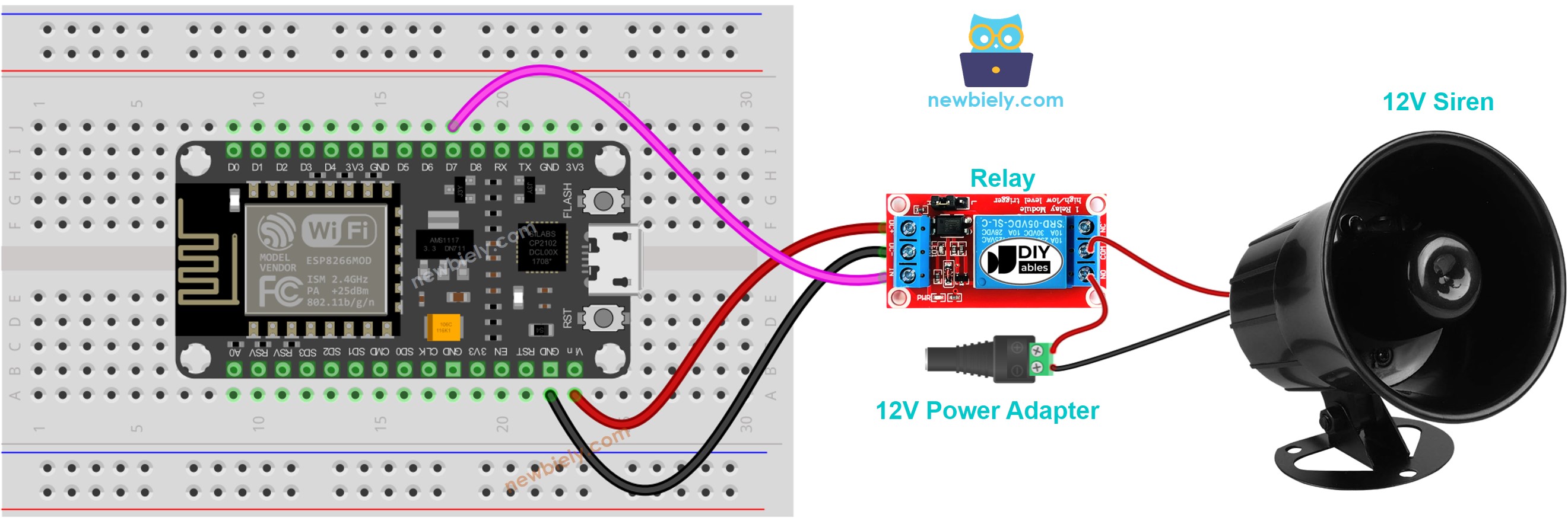 Diagrama de cableado de la sirena de 12 V para ESP8266 NodeMCU