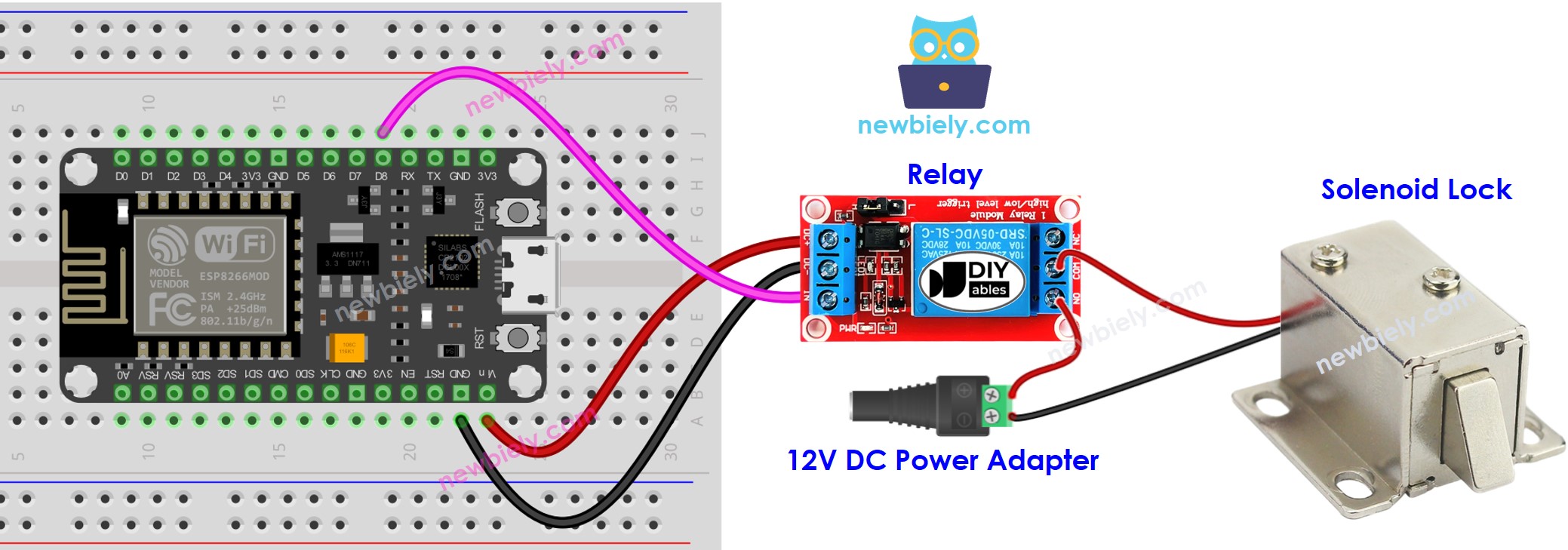 Diagrama de cableado de la cerradura de solenoide ESP8266 NodeMCU