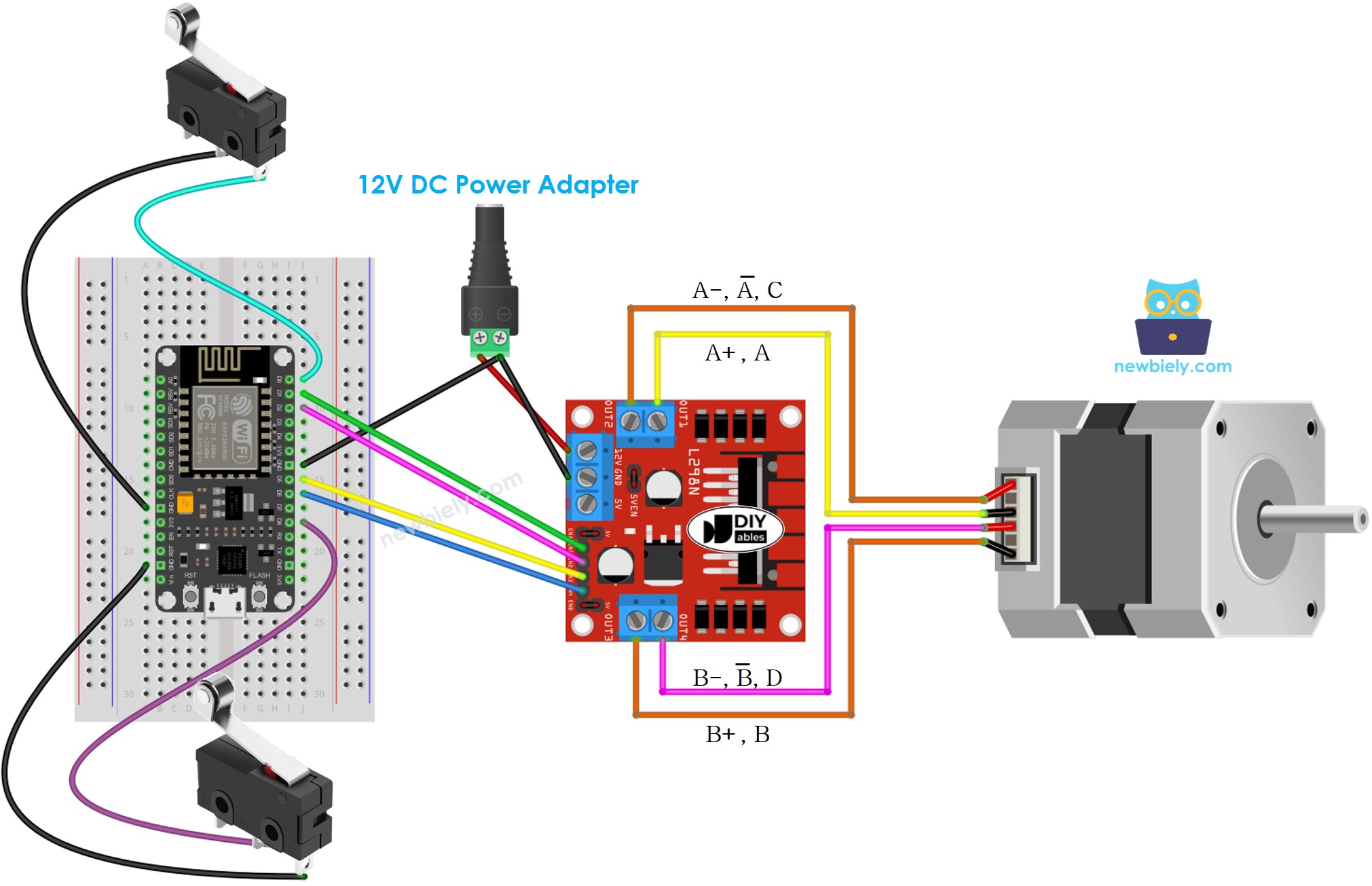 Diagrama de cableado para ESP8266 NodeMCU, motor paso a paso y dos interruptores de límite