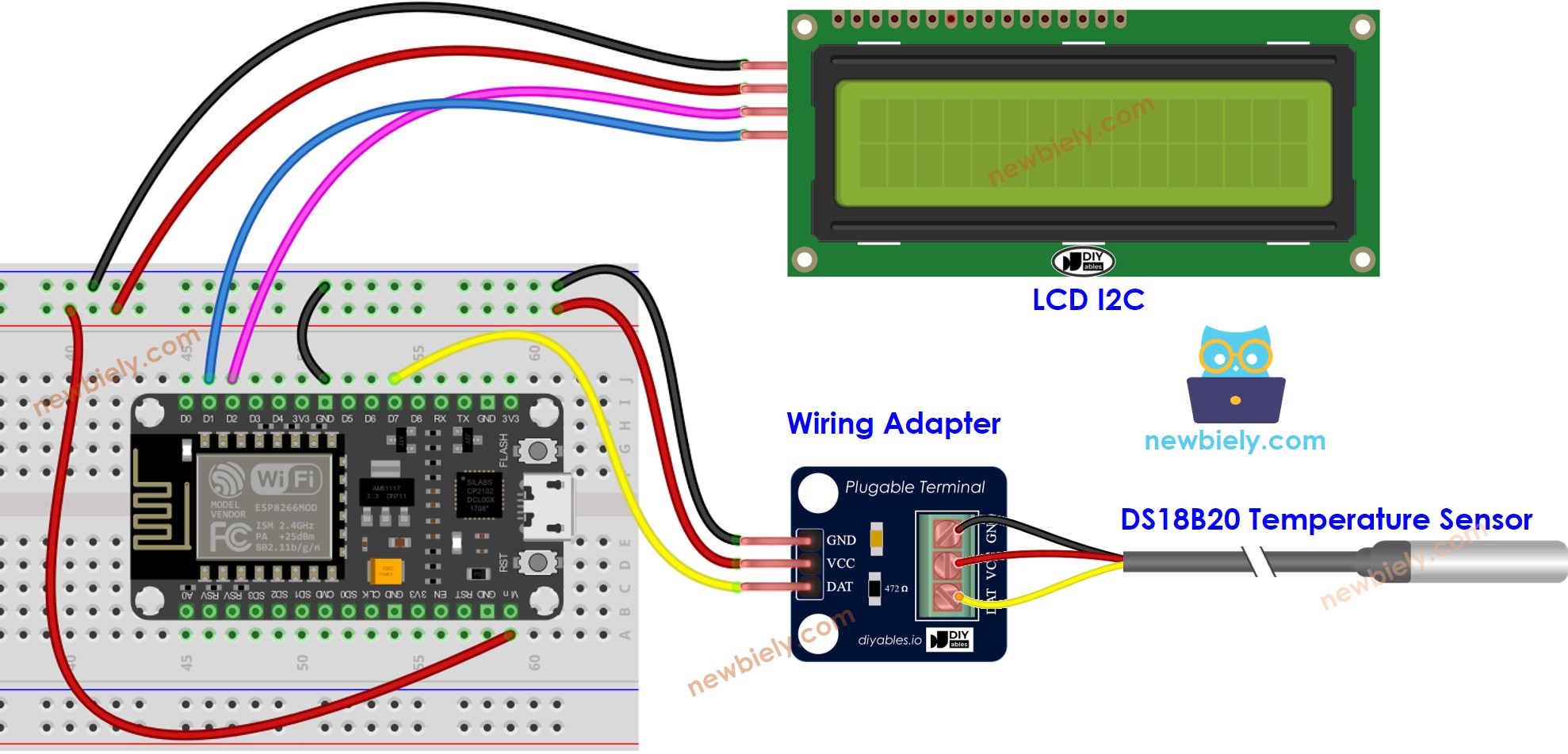 Diagrama de cableado de LCD para sensor de temperatura ESP8266 NodeMCU