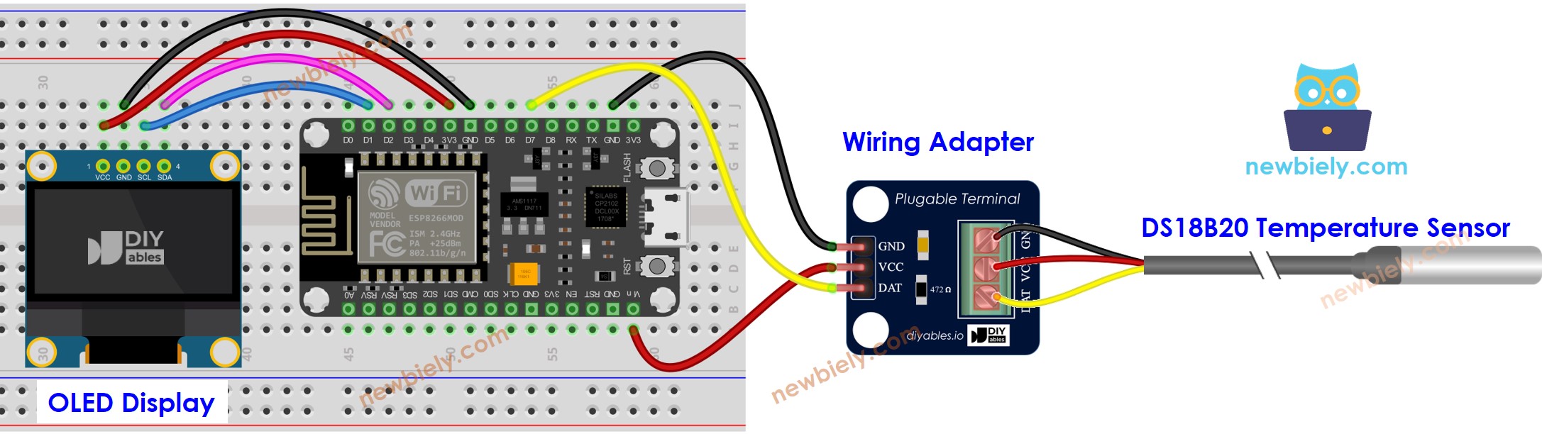 Diagrama de cableado OLED para el sensor de temperatura DS18B20 con ESP8266 NodeMCU