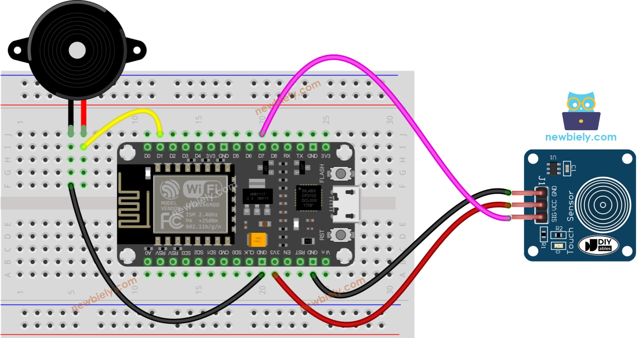 Diagrama de cableado del ESP8266 NodeMCU: sensor táctil y zumbador piezoeléctrico