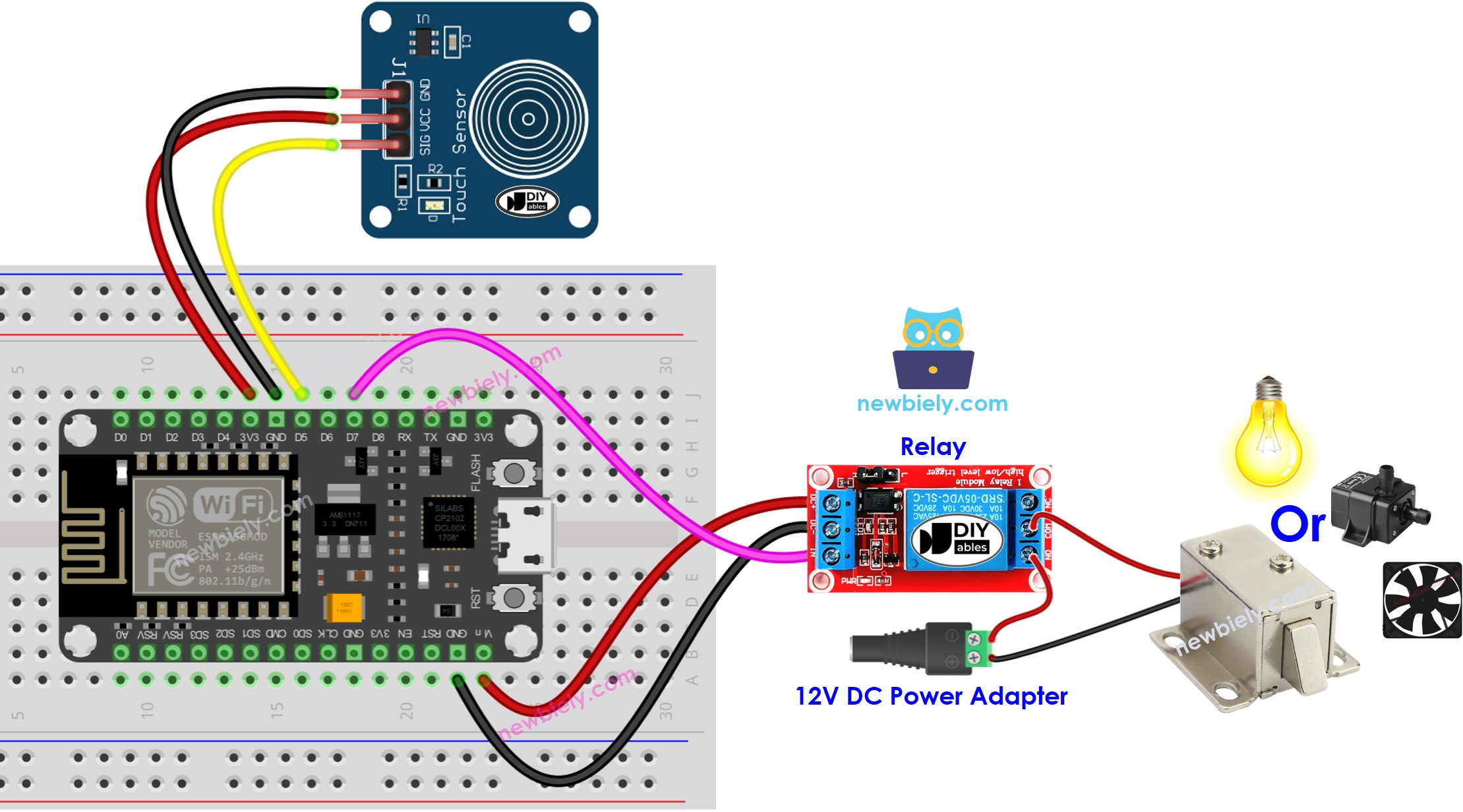 Diagrama de cableado del relé para sensor táctil ESP8266 NodeMCU