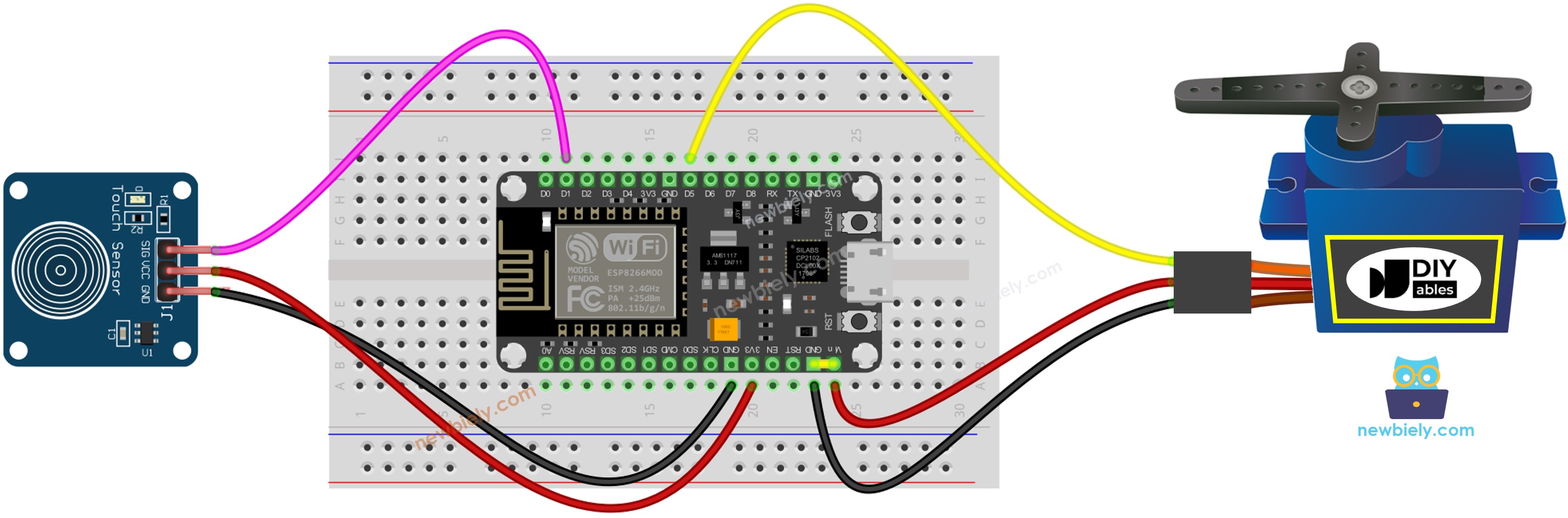 Diagrama de cableado del ESP8266 NodeMCU con sensor táctil y servomotor