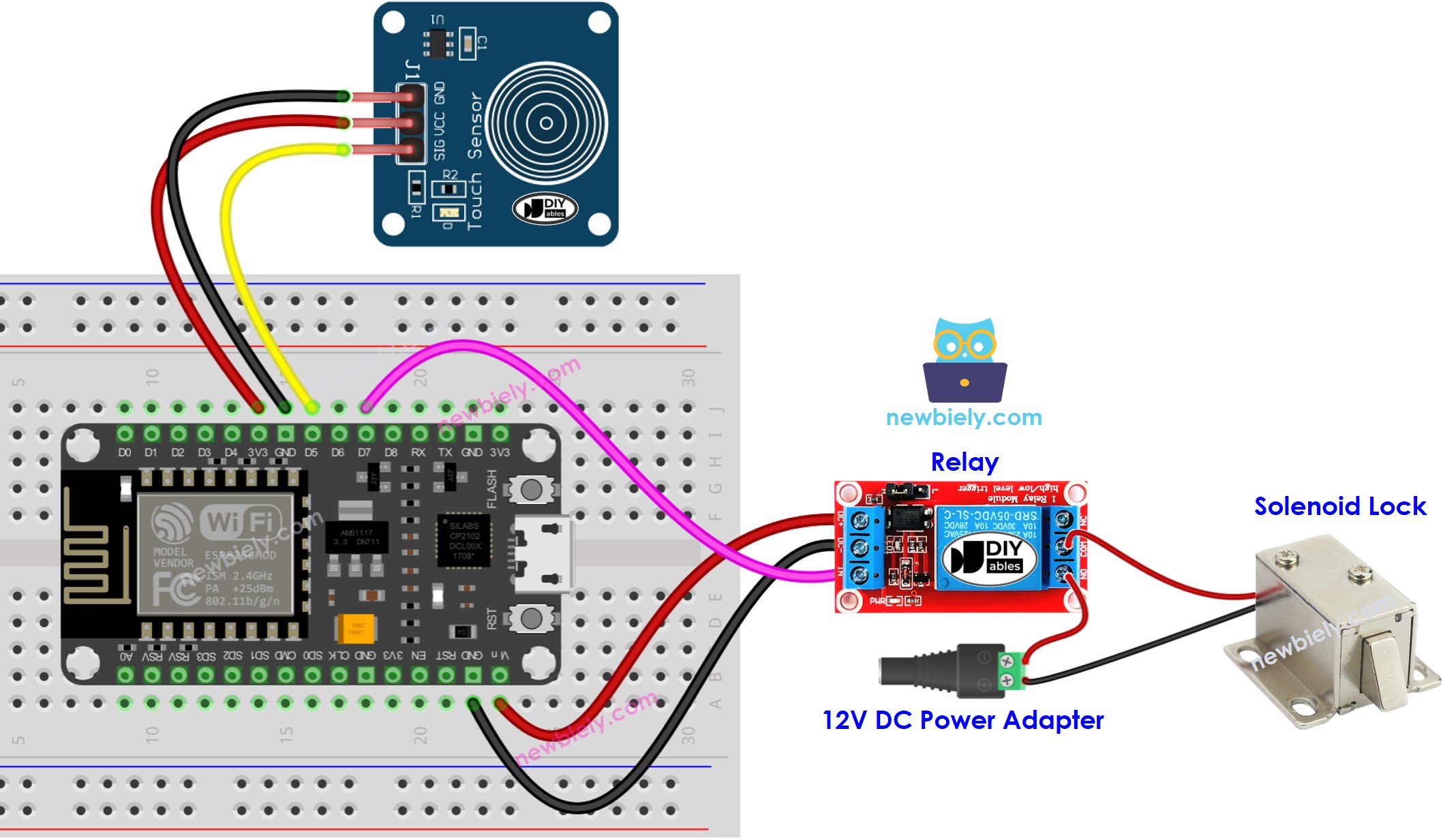 Diagrama de cableado de la cerradura de solenoide con sensor táctil ESP8266 NodeMCU
