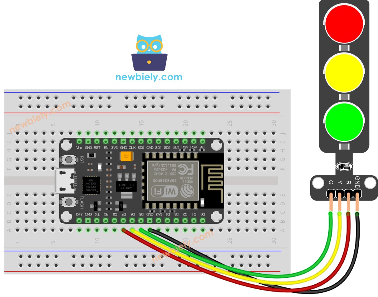 Diagrama de cableado para semáforo ESP8266 NodeMCU