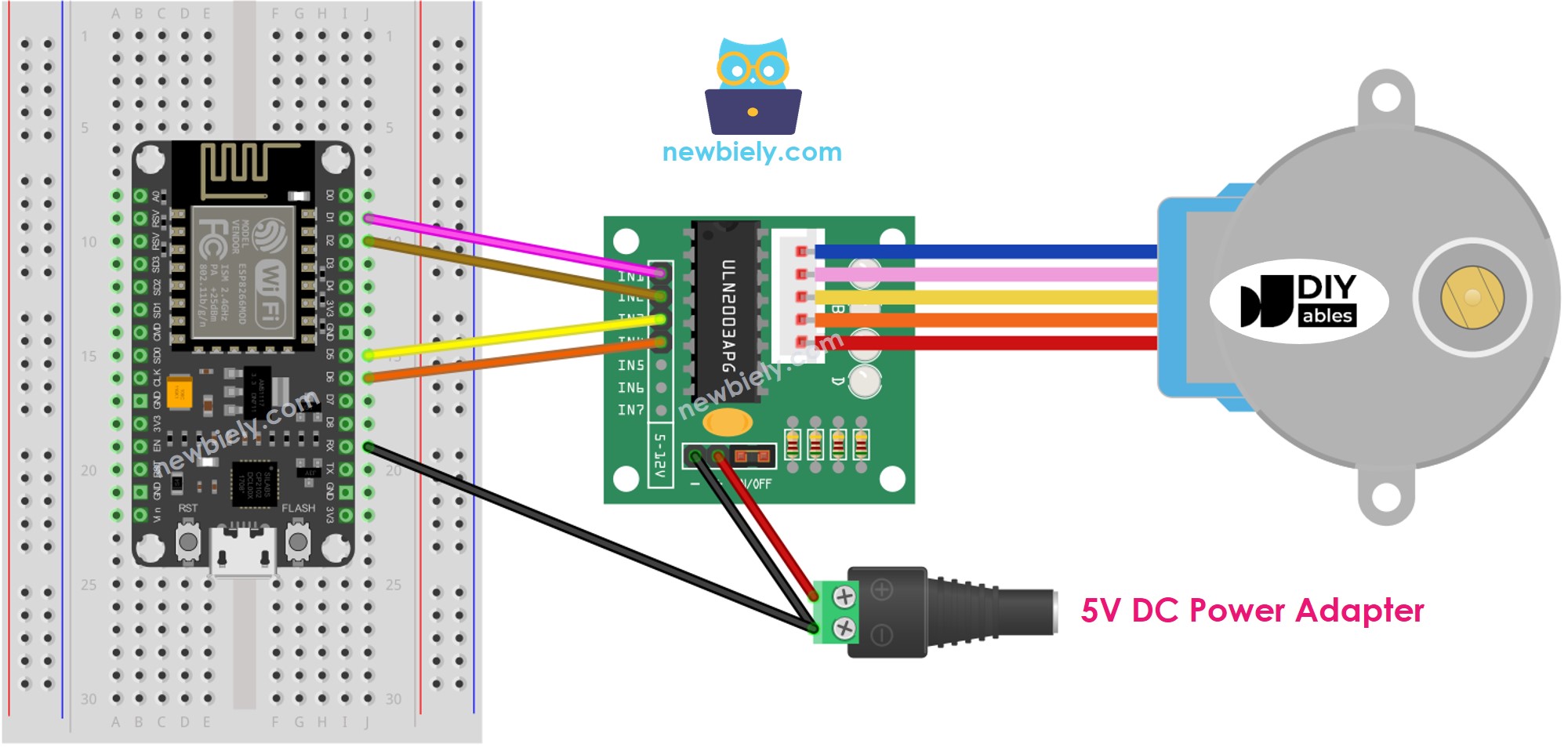 Diagrama de cableado del motor paso a paso ESP8266 NodeMCU con el controlador ULN2003