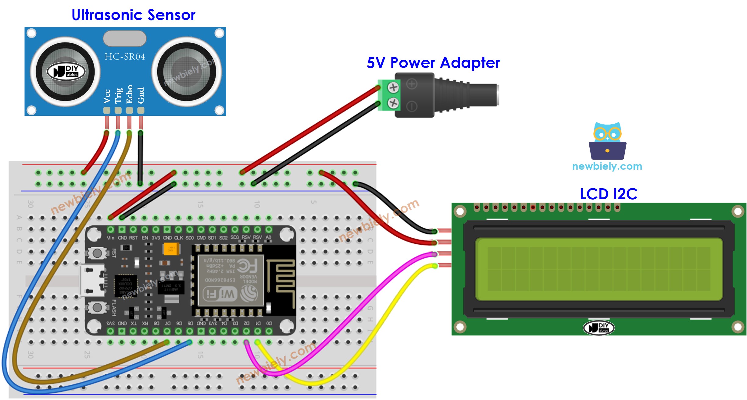 Diagrama de cableado del pin Vin del ESP8266 NodeMCU, sensor ultrasónico y LCD