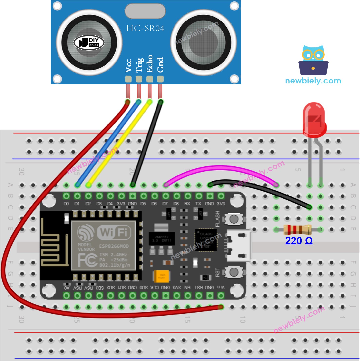 Diagrama de cableado LED del sensor ultrasónico ESP8266 NodeMCU