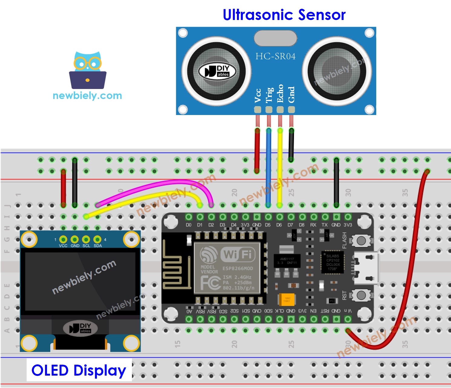 Diagrama de cableado OLED para sensor ultrasónico ESP8266 NodeMCU